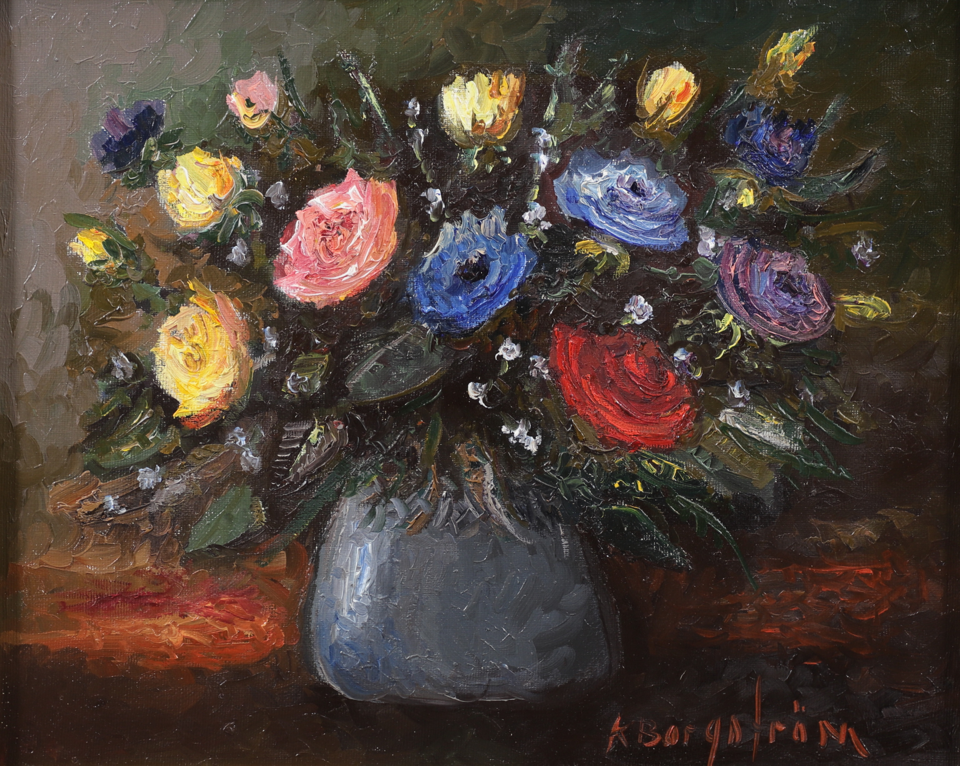 KARIN BORGSTRÖM. Blommor i vas, olja på pannå, signerad.