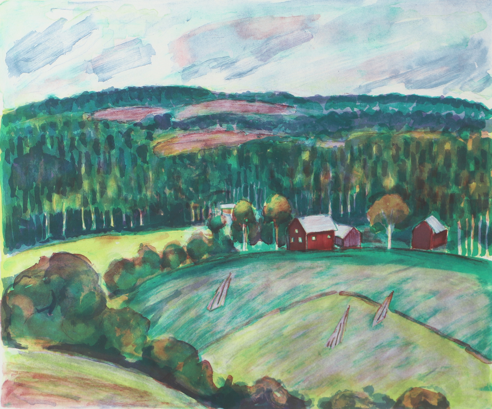 HANS EKVALL. Skogsparti med gård, färglitografi, signerad.