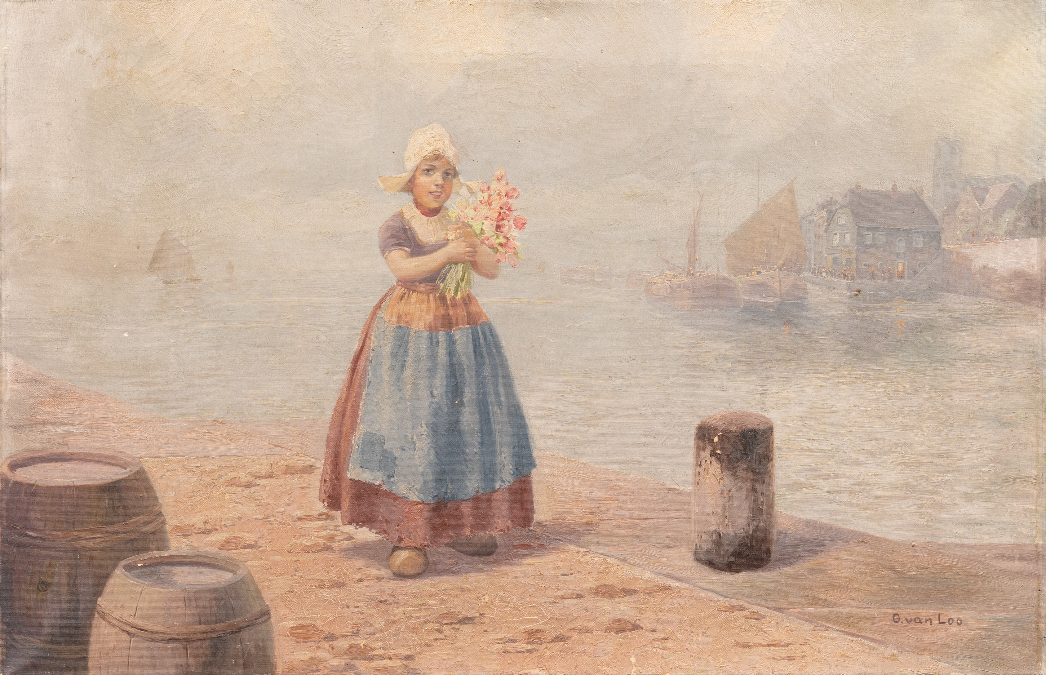 OIDENTIFIERAD KONSTNÄR HOLLAND 1900-TAL. Kvinna med blommor i hand, Holland, olja på duk, signerad D van Loo.