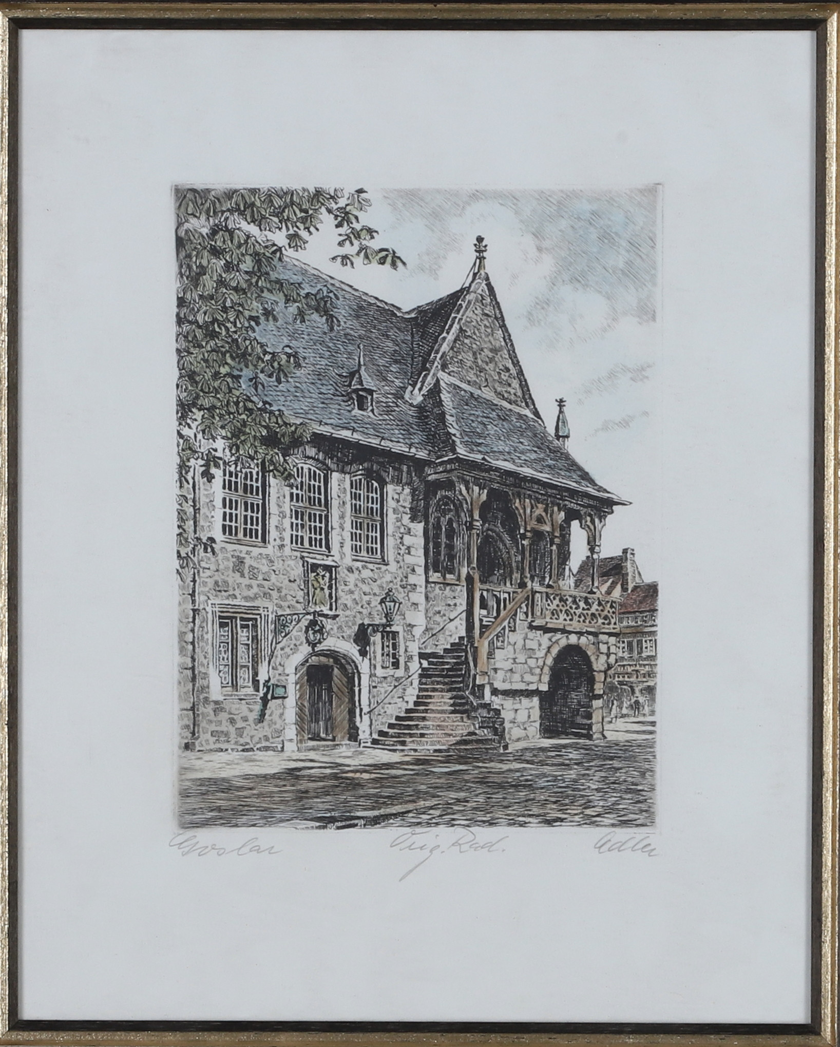 OIDENTIFIERAD KONSTNÄR, Etsning, arkitektoniskt motiv, Goslar, Tyskland, signerad Adler.