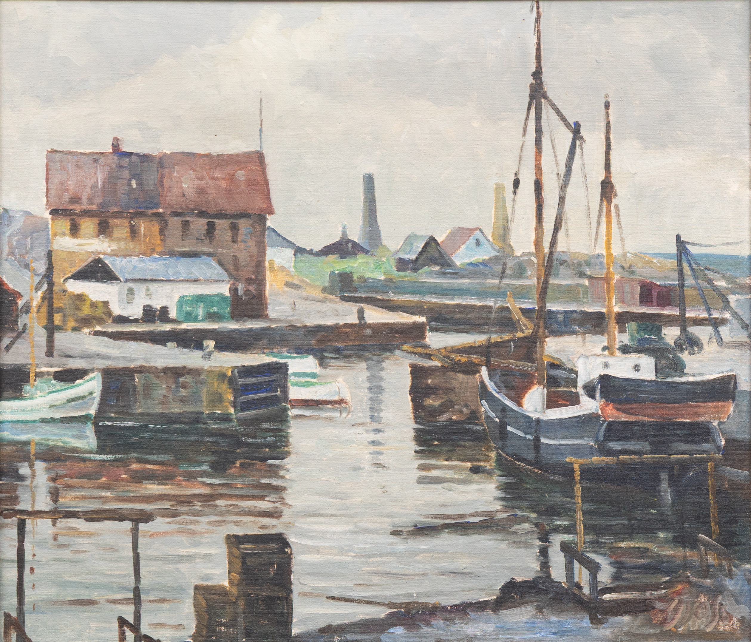 OIDENTIFIERAD KONSTNÄR. Allinge hamn, Bornholm, olja på duk, otydligt signerad.