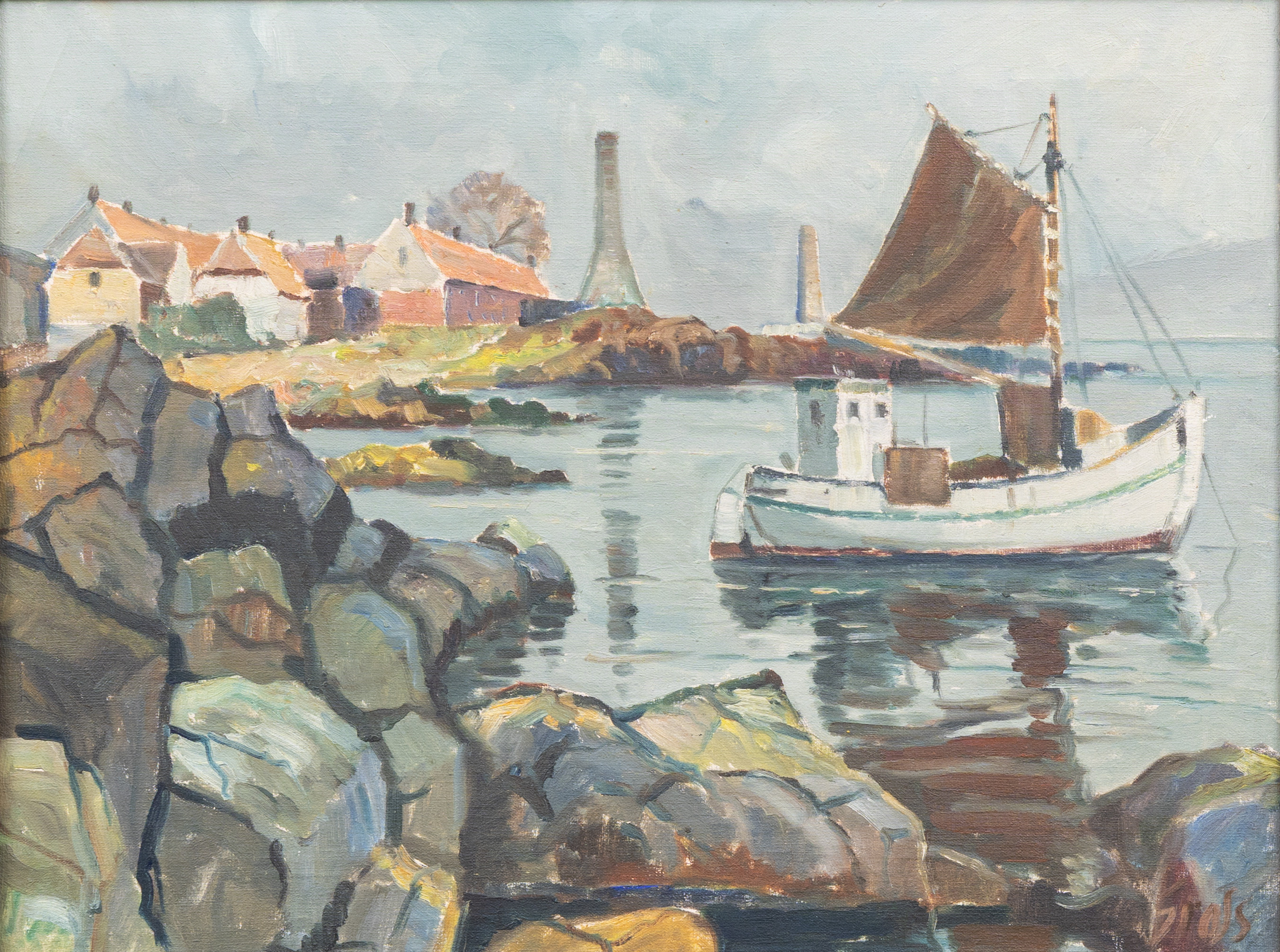 OIDENTIFIERAD KONSTNÄR. Motiv från Allinge hamn med fiskebåt, Bornholm, olja på duk, otydligt signerad.