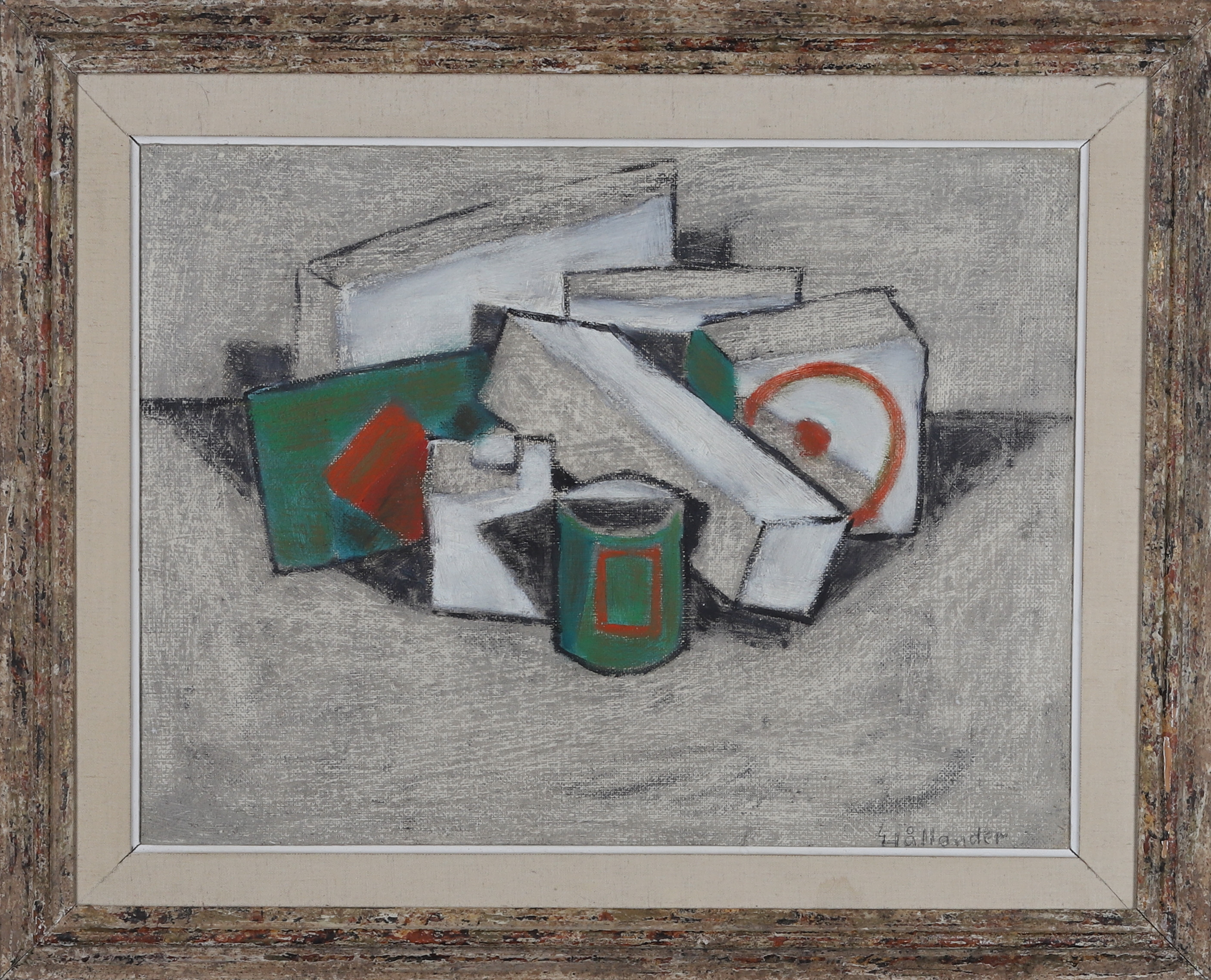GUNNAR HÅLLANDER. Olja på pannå, " Gröna och vita föremål", stilleben, Örnsköldsvik, 1964, signerad.