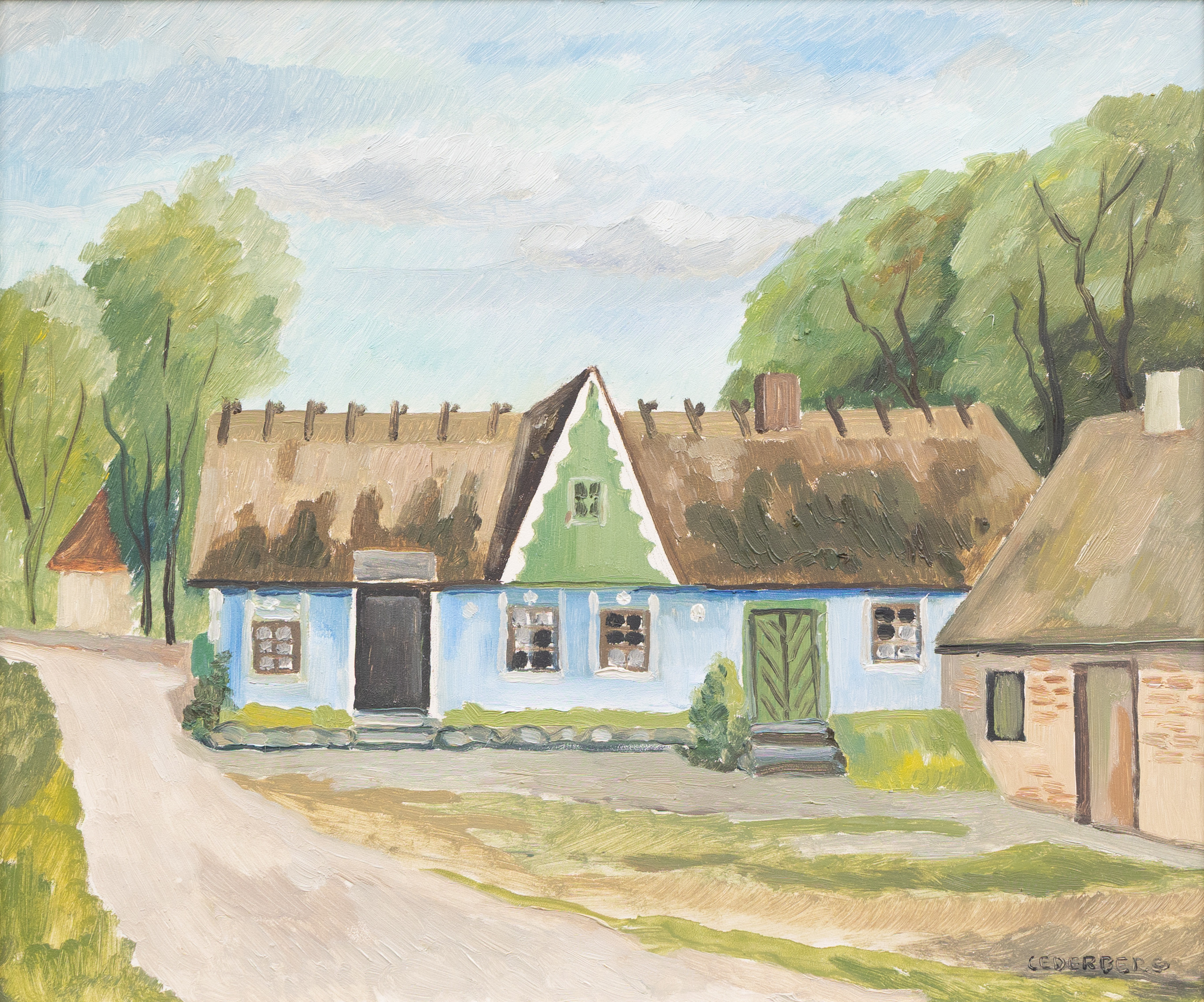 ERIK CEDERBERG. Det blå kalkade huset, Kastkösa 1940, olja på pannå, signerad.