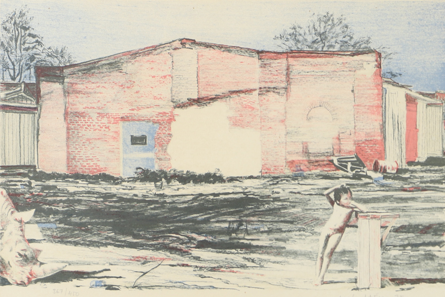 BO HULTÉN. Byggnad med barn, färglitografi, signerad -75.