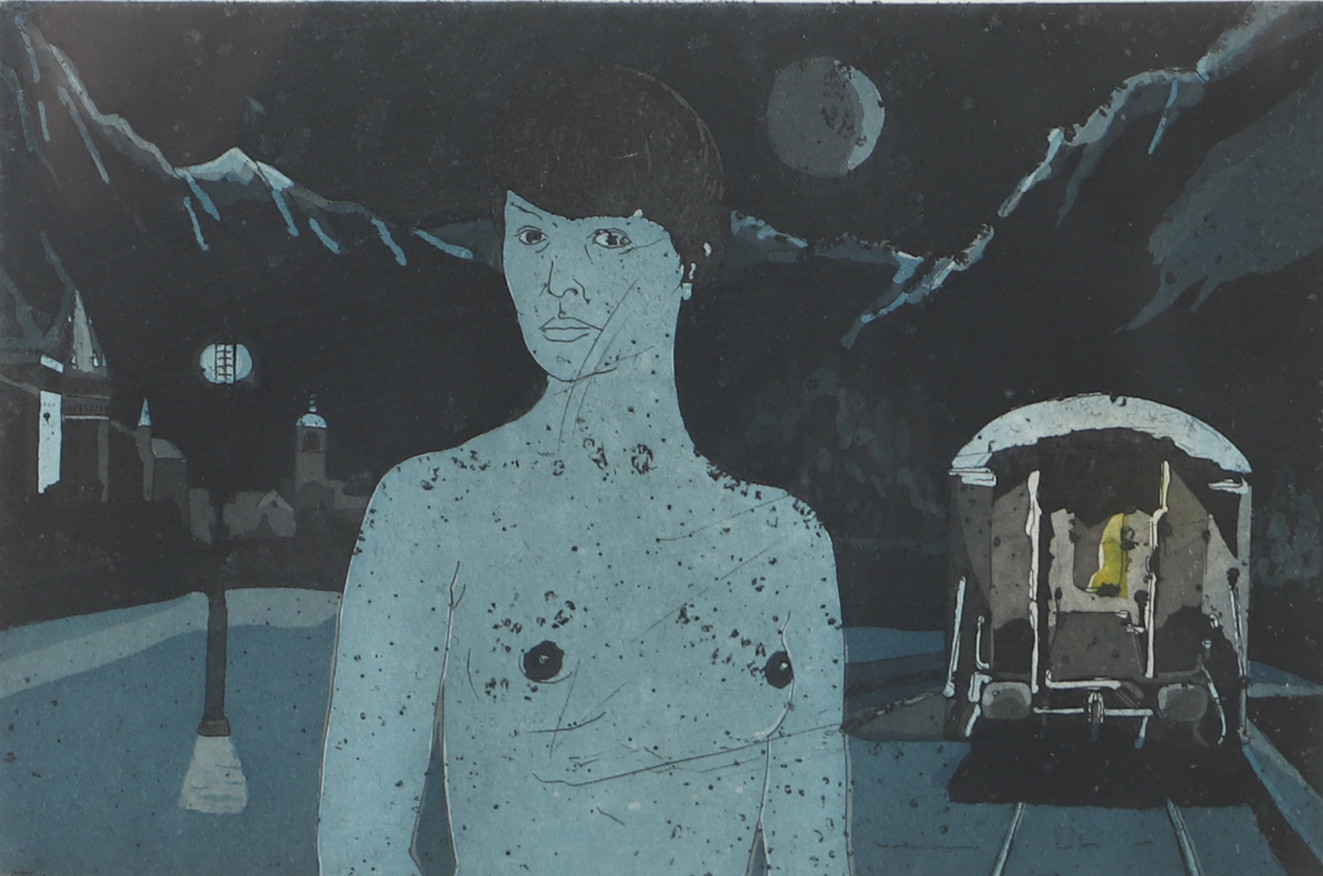JAN LUNDGREN. Landskap med tågvagn och figur, etsning, signerad -80.