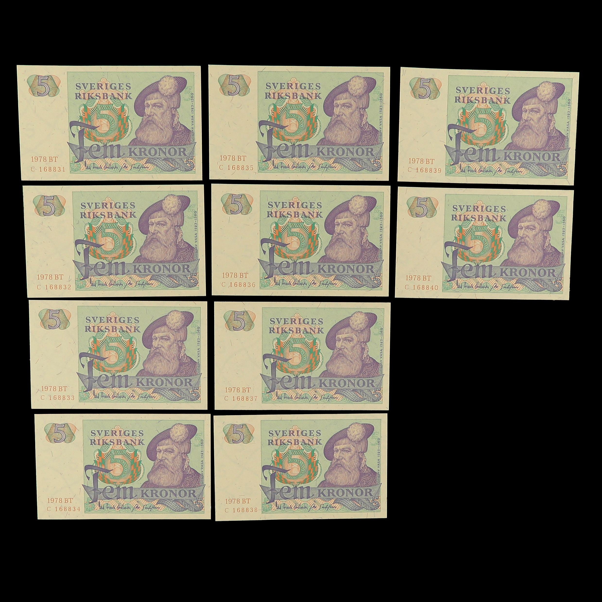 OVIKTA SEDLAR I NUMMERORDNING, 10 STYCKEN 5 KRONORS SEDLAR.