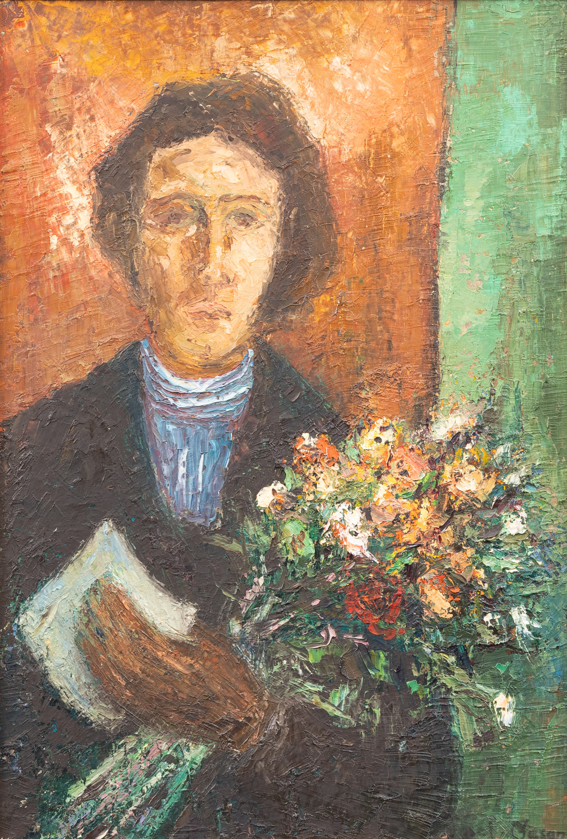 JOSEF GESON (1900-TAL). Kvinna med blommor i händer, olja på duk, signerad.