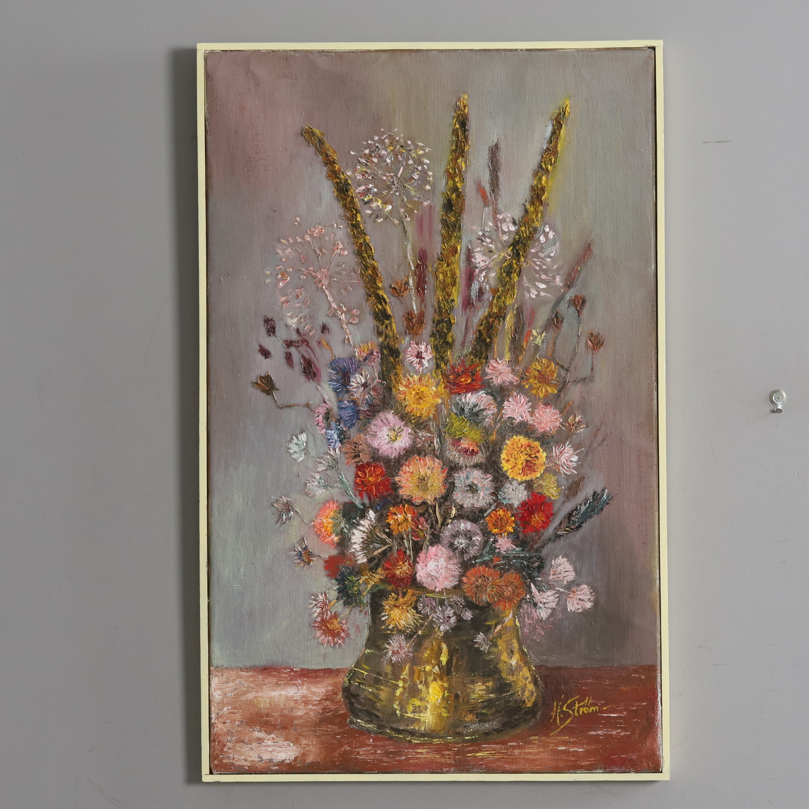 OIDENTIFIERAD KONSTNÄR. Olja på duk, "Blomsterstilleben", signerad H. Ström.