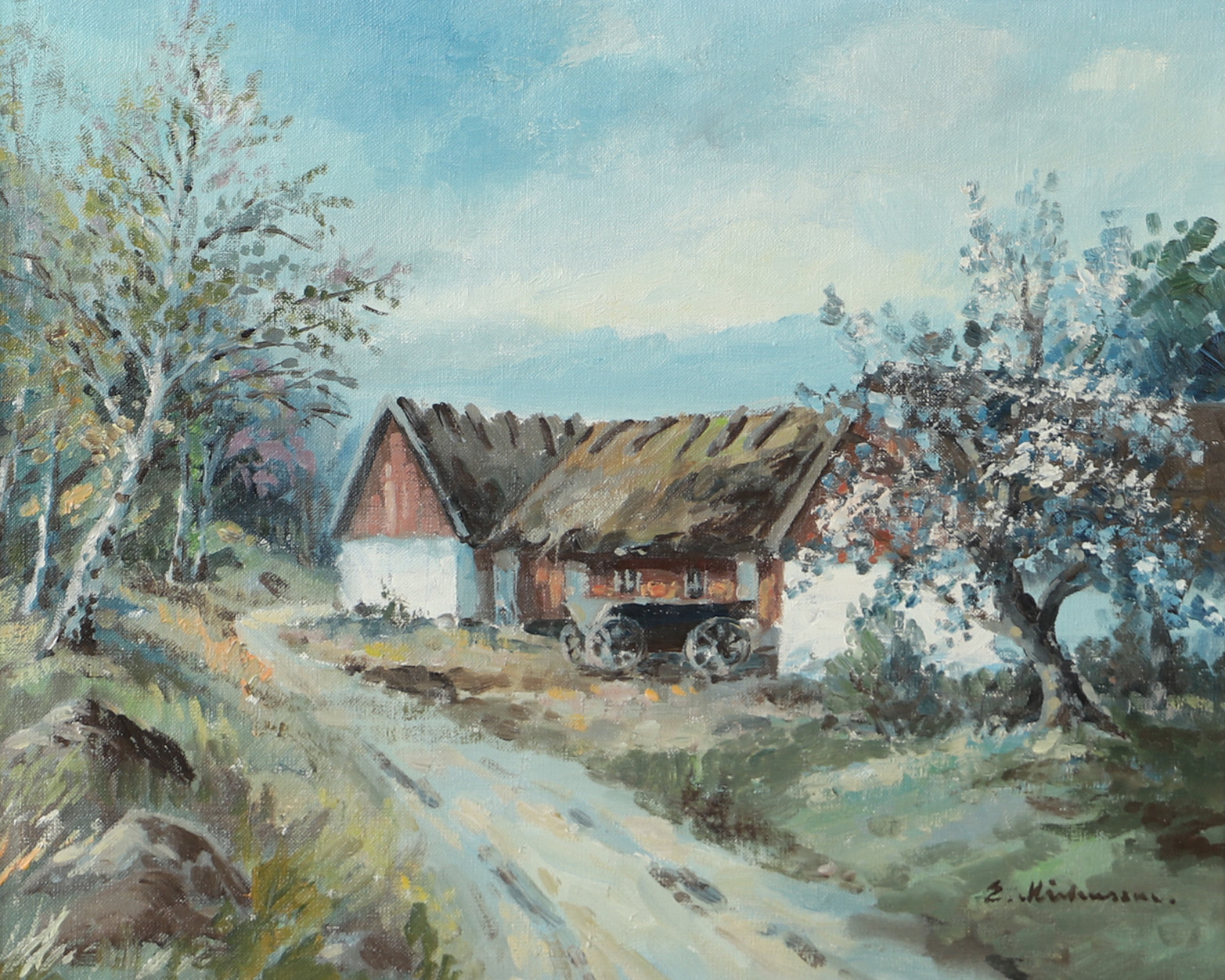 ELSA MÅRTENSSON. Landskap med gård, olja på duk, signerad E. Mårtensson.