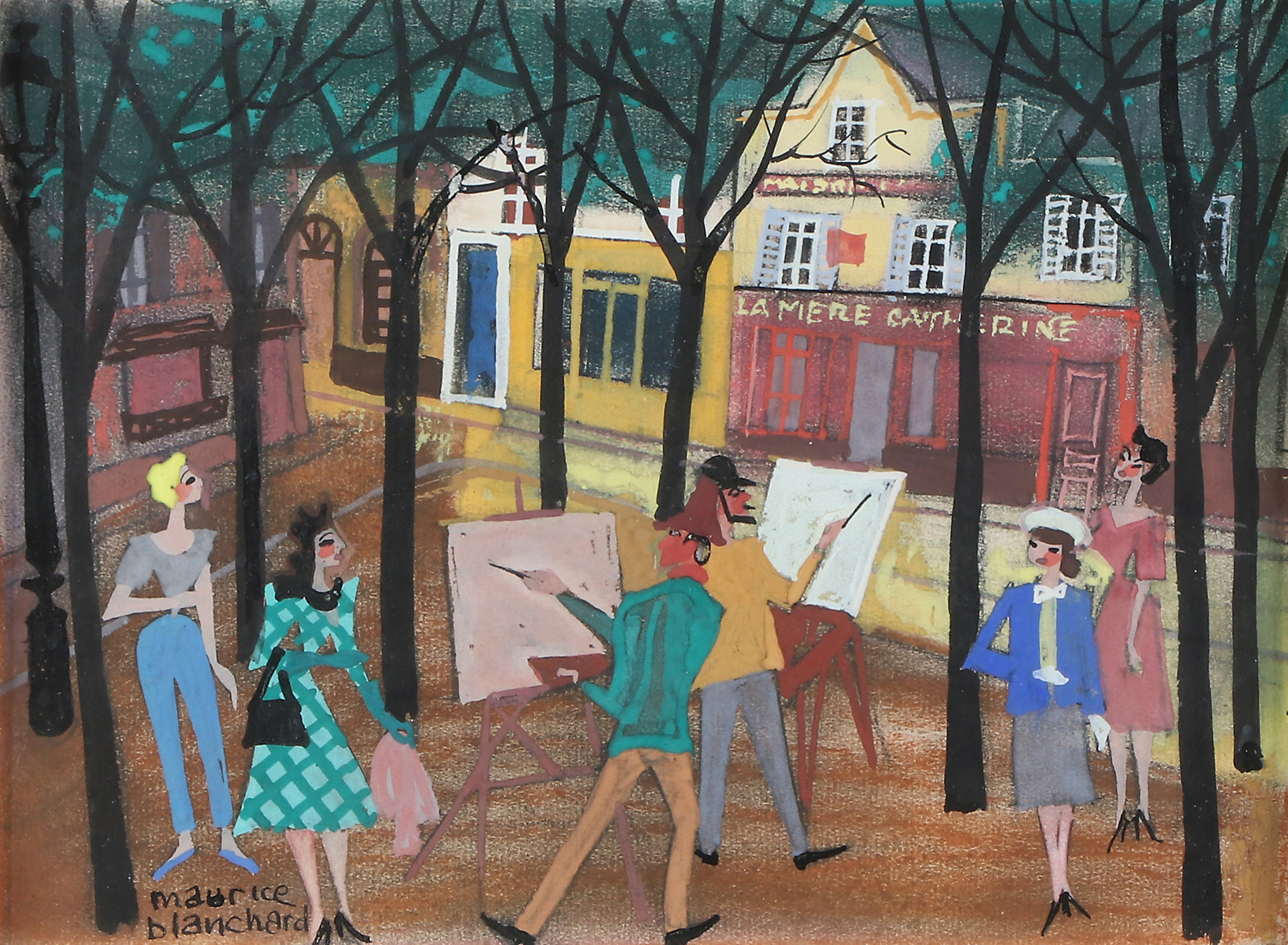 MAURICE BLANCHARD. Blandteknik. Konstnärer i Montmartre. Signerad.