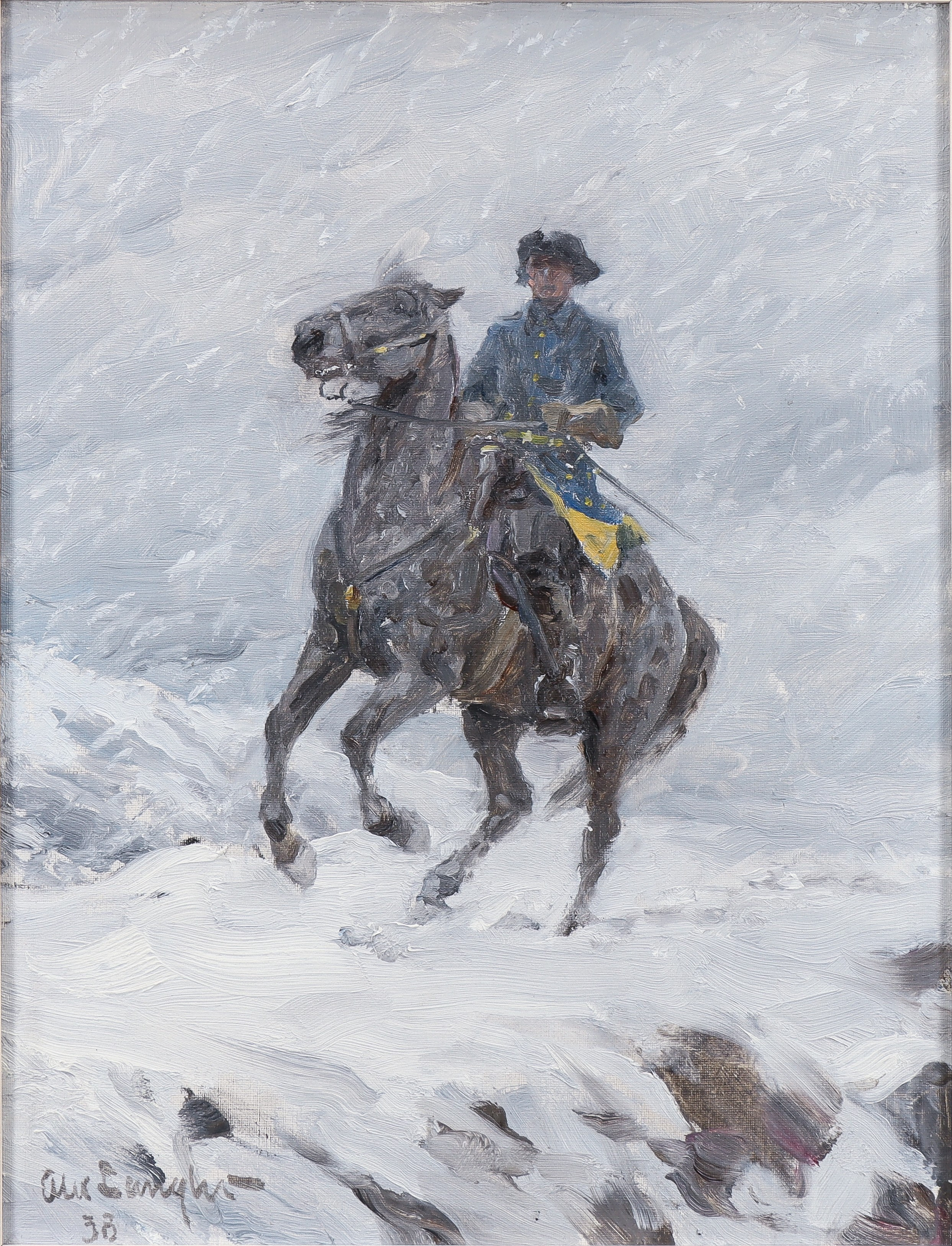 ALEXANDER LANGLET. Ridande karolin i snöoväder.
