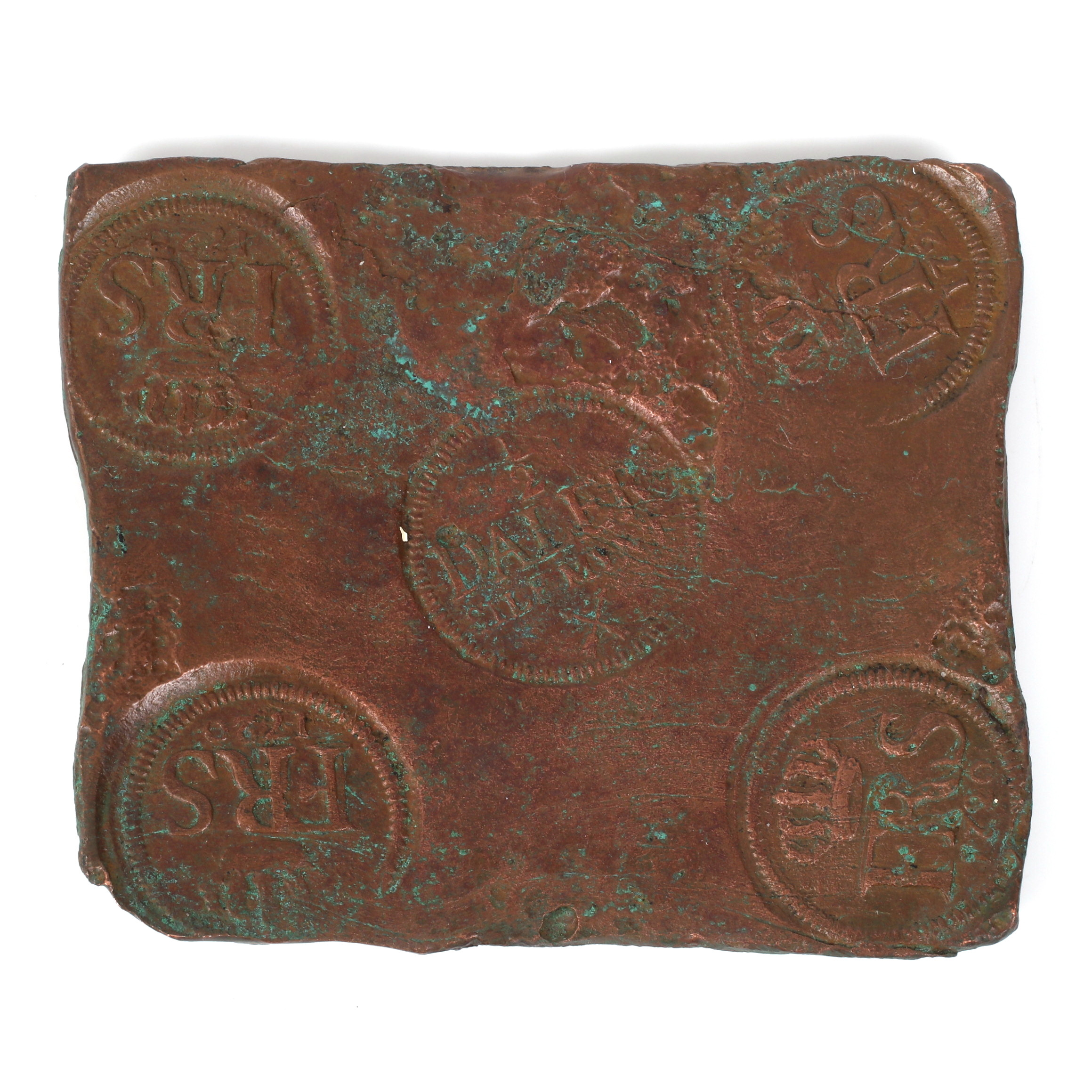 PLÅTMYNT, koppar, 1/2 Daler Silvermynt, från skeppet Nicobar, Fredrik I ( 1720-1751). 1620.