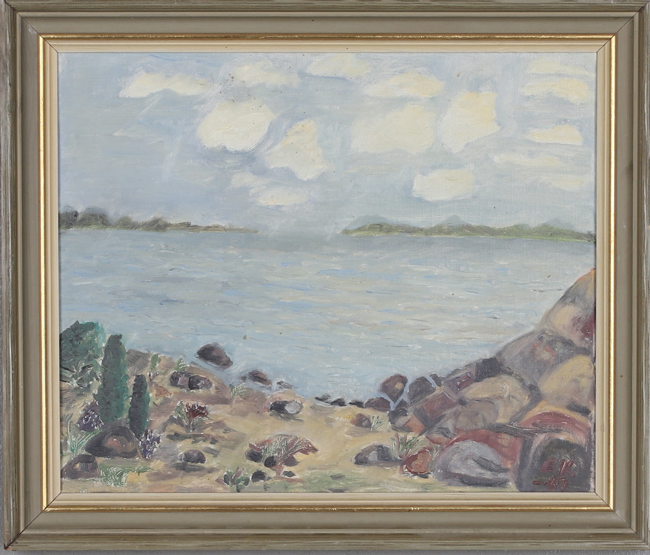 OIDENTIFIERAD KONSTNÄR, olja på duk, strandmotiv, signerad och daterad "E.K -69".