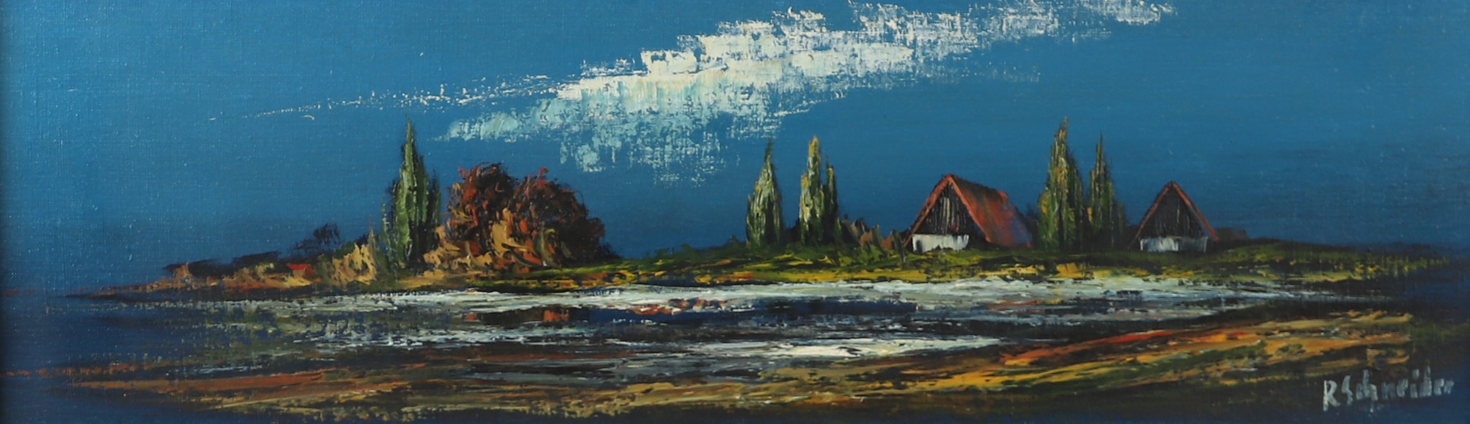 CARL JULIUS. Landskap med hus, olja på duk, signerad R. Schneider.