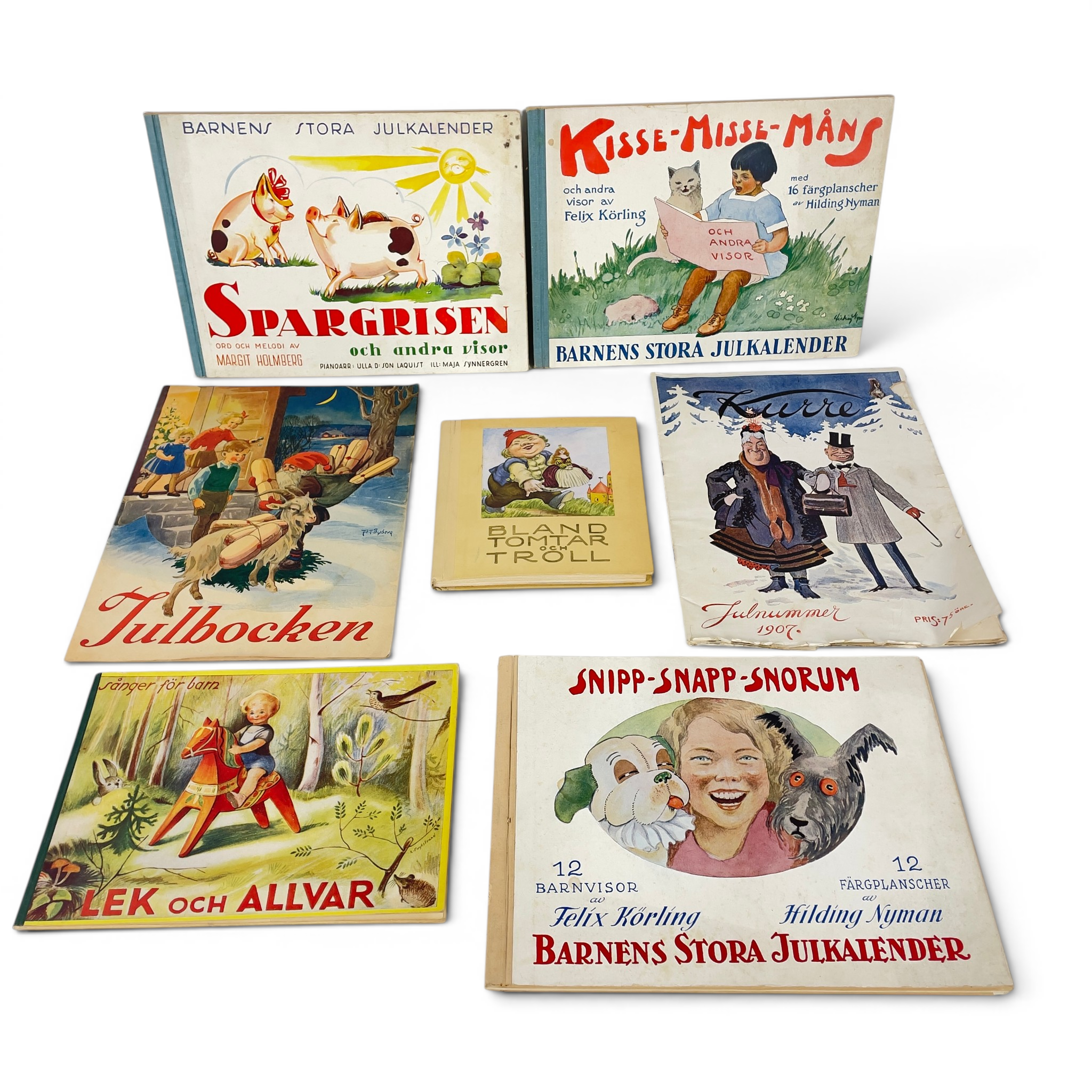 BÖCKER och TIDNINGAR, 7 delar, bl a tidningarna "Kurre", Julnummer 1907 samt "Julbocken", 1942.