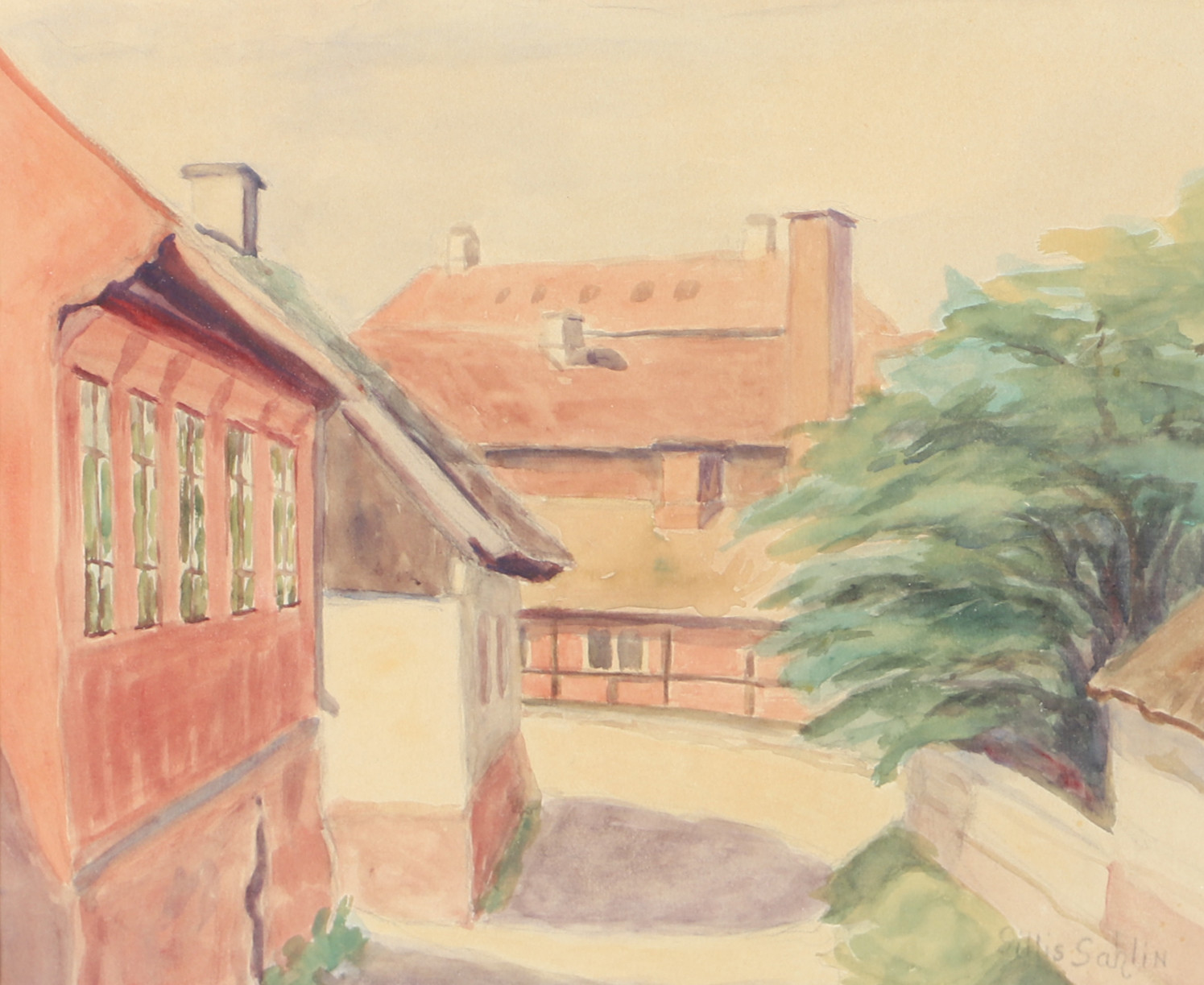 GILLIS SAHLIN. Gamla stan, akvarell, signerad.