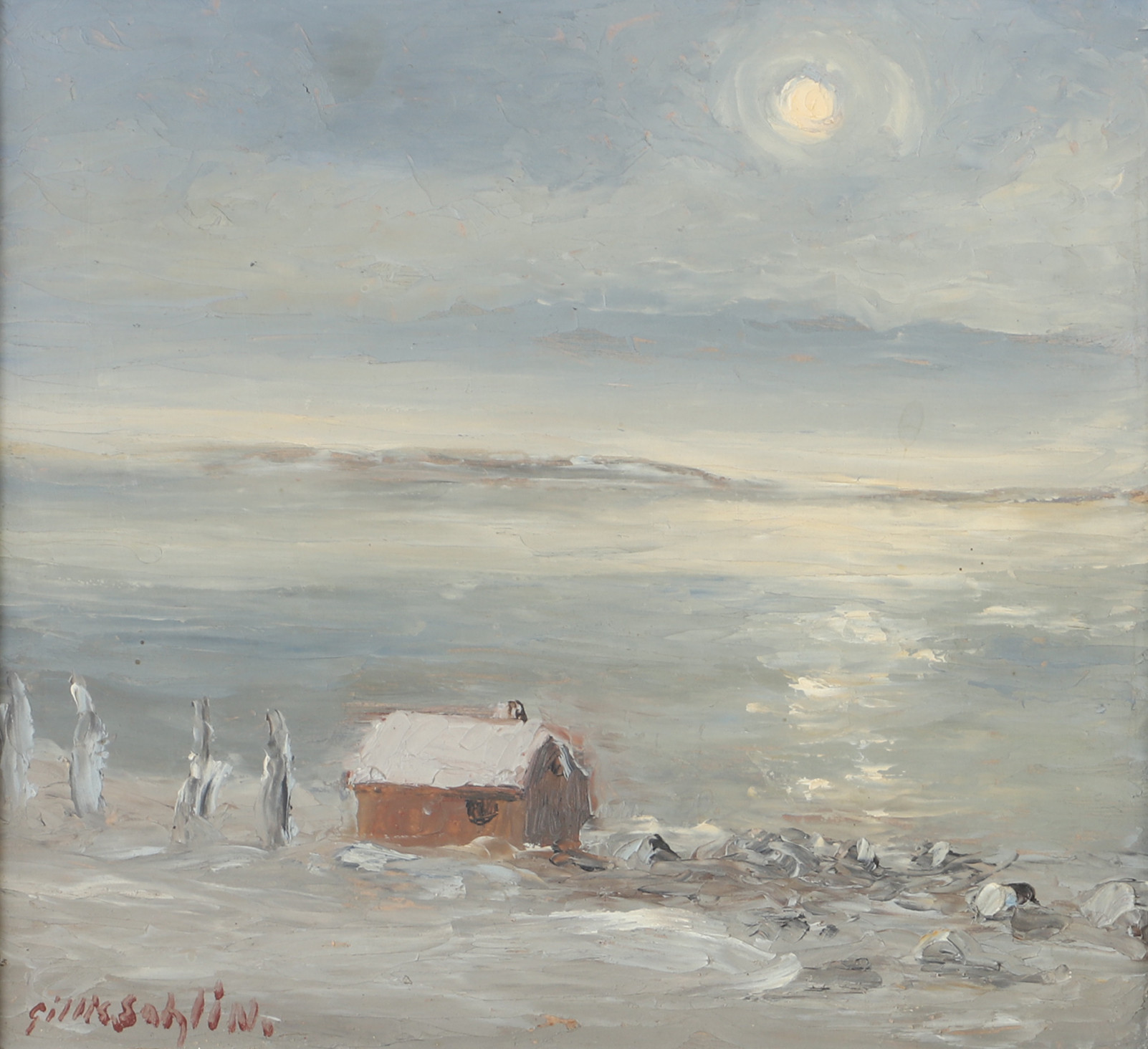 GILLIS SAHLIN. Hus i månsken, olja på pannå, signerad.
