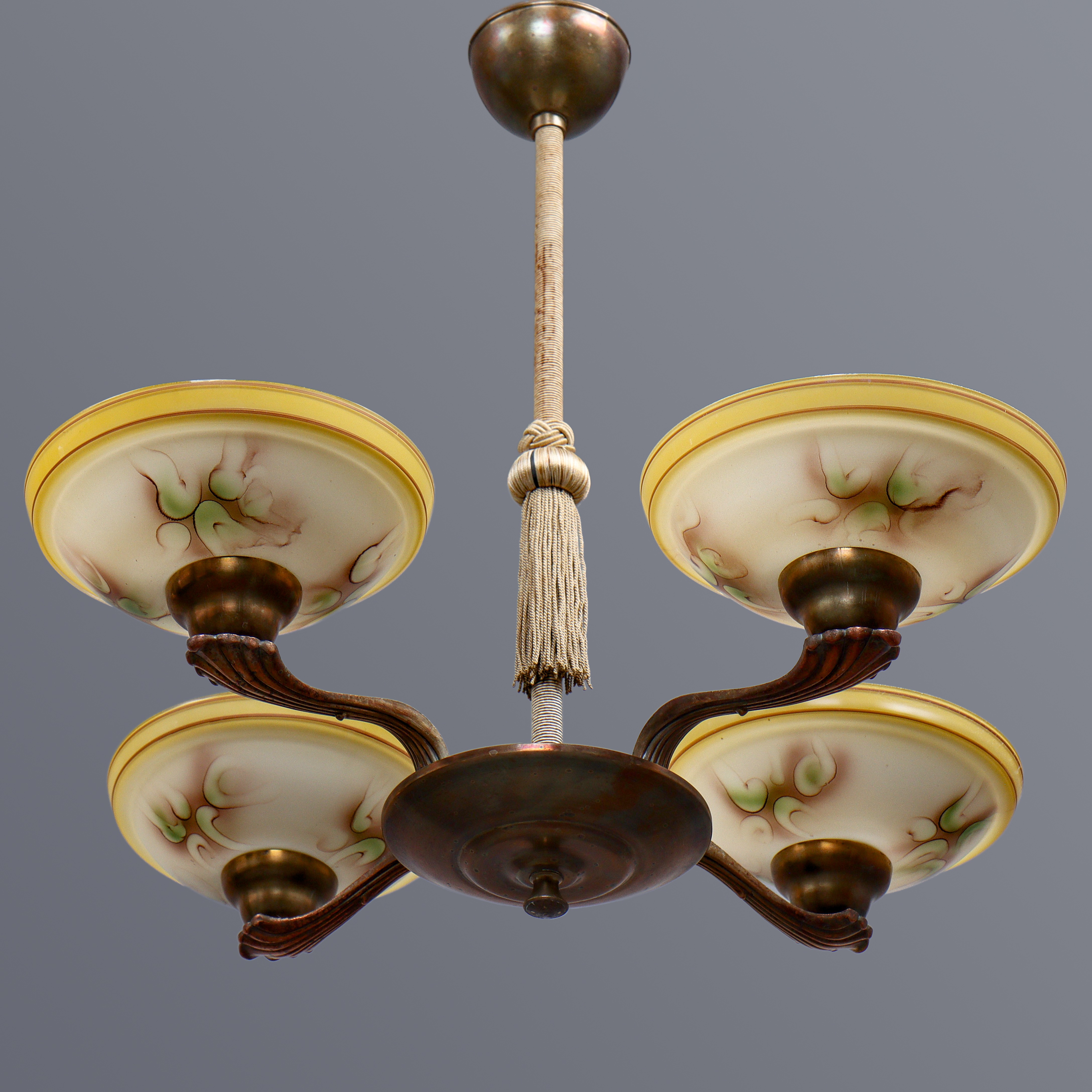 TAKLAMPA, ART DÉCO, BRONSERAD METALL MED 4 GLASKUPOR, TIDIGT 1900-TAL.