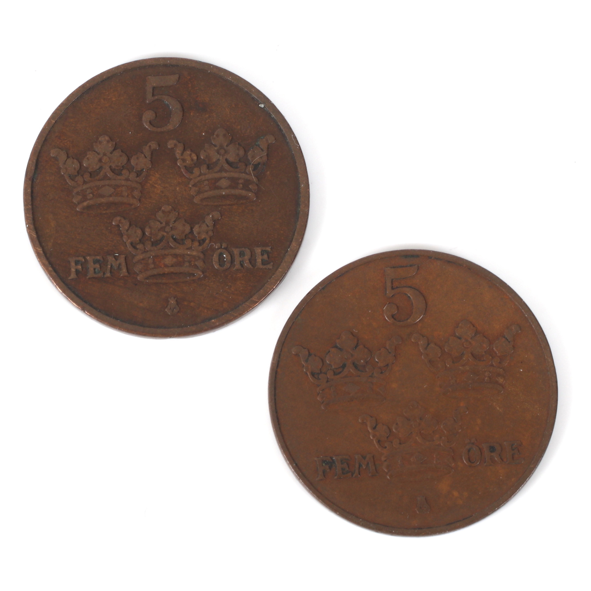 KOPPARMYNT, 2 st. 5 öre Sverige. 1910 & 1927.