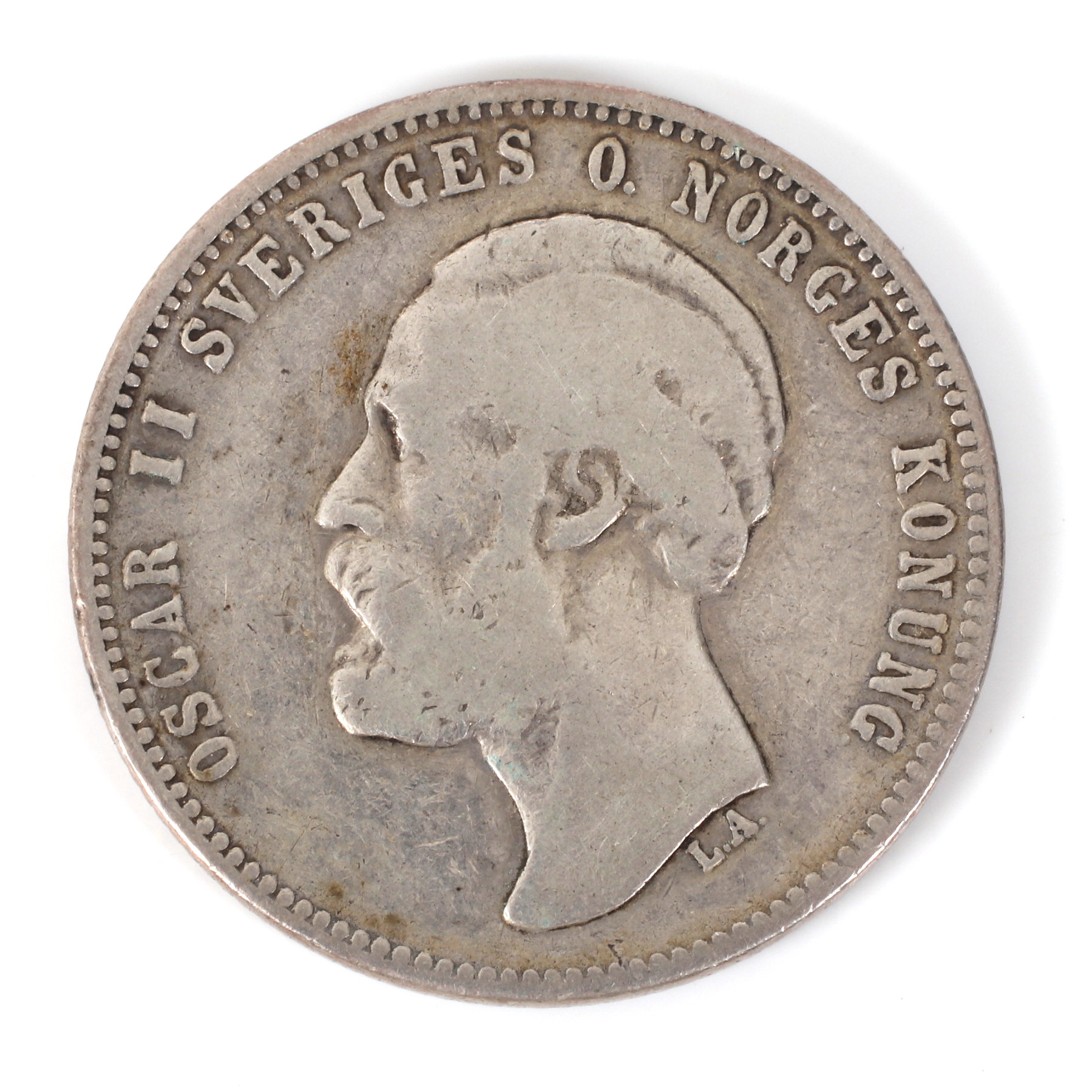 SILVERMYNT, 2 kr "brett årtal och litet E.B.", Sverige. 1876.