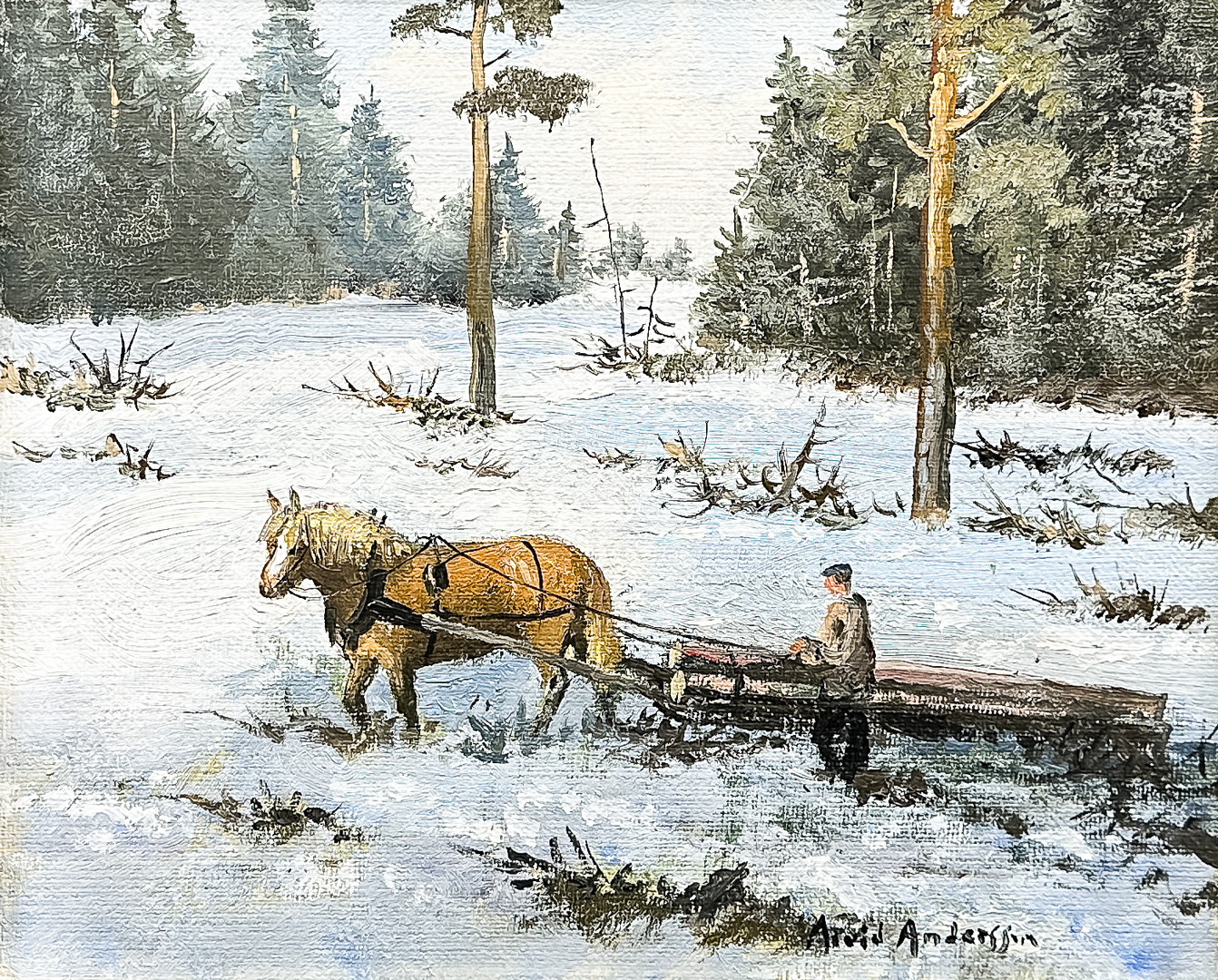 ARVID ANDERSSON. OLJA PÅ DUK, "Skogsarbete", signerad.