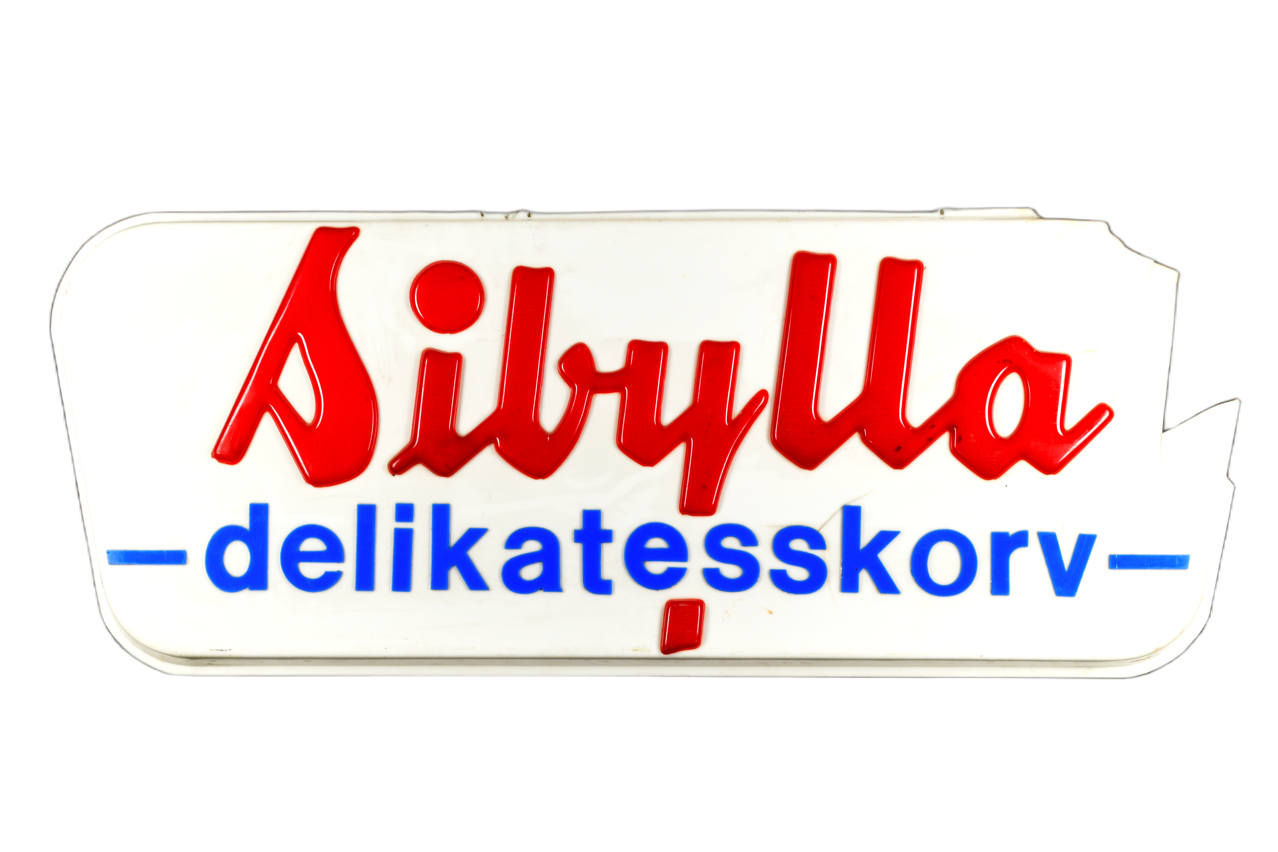 SIBYLLA. REKLAMSKYLT, Nässil & Co Skyltfabrik, Stockholm, omkring 1900-talets mitt, delikatesskorv.