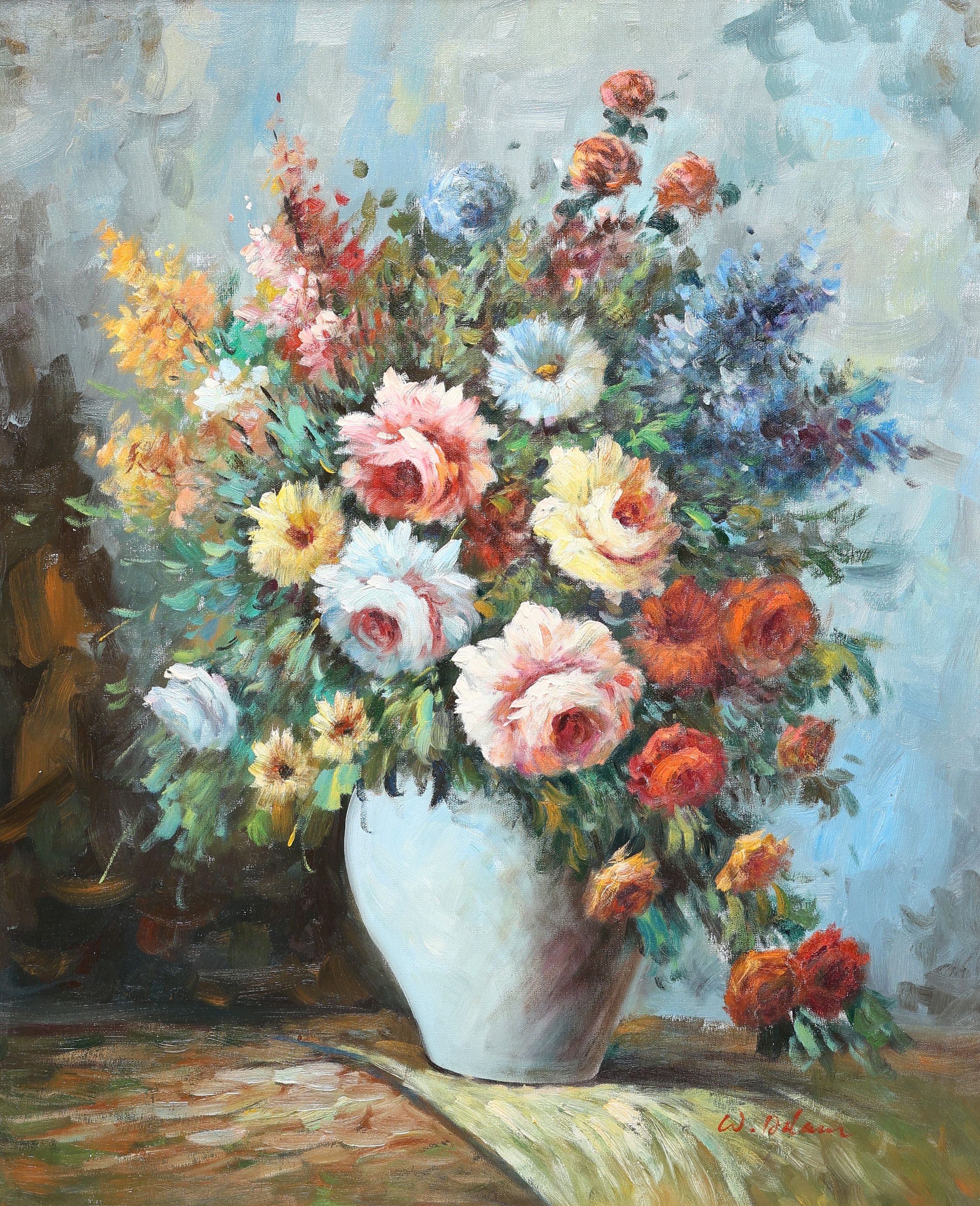 WALTER ADAMS. Olja på duk, blomsterstilleben, signerad.