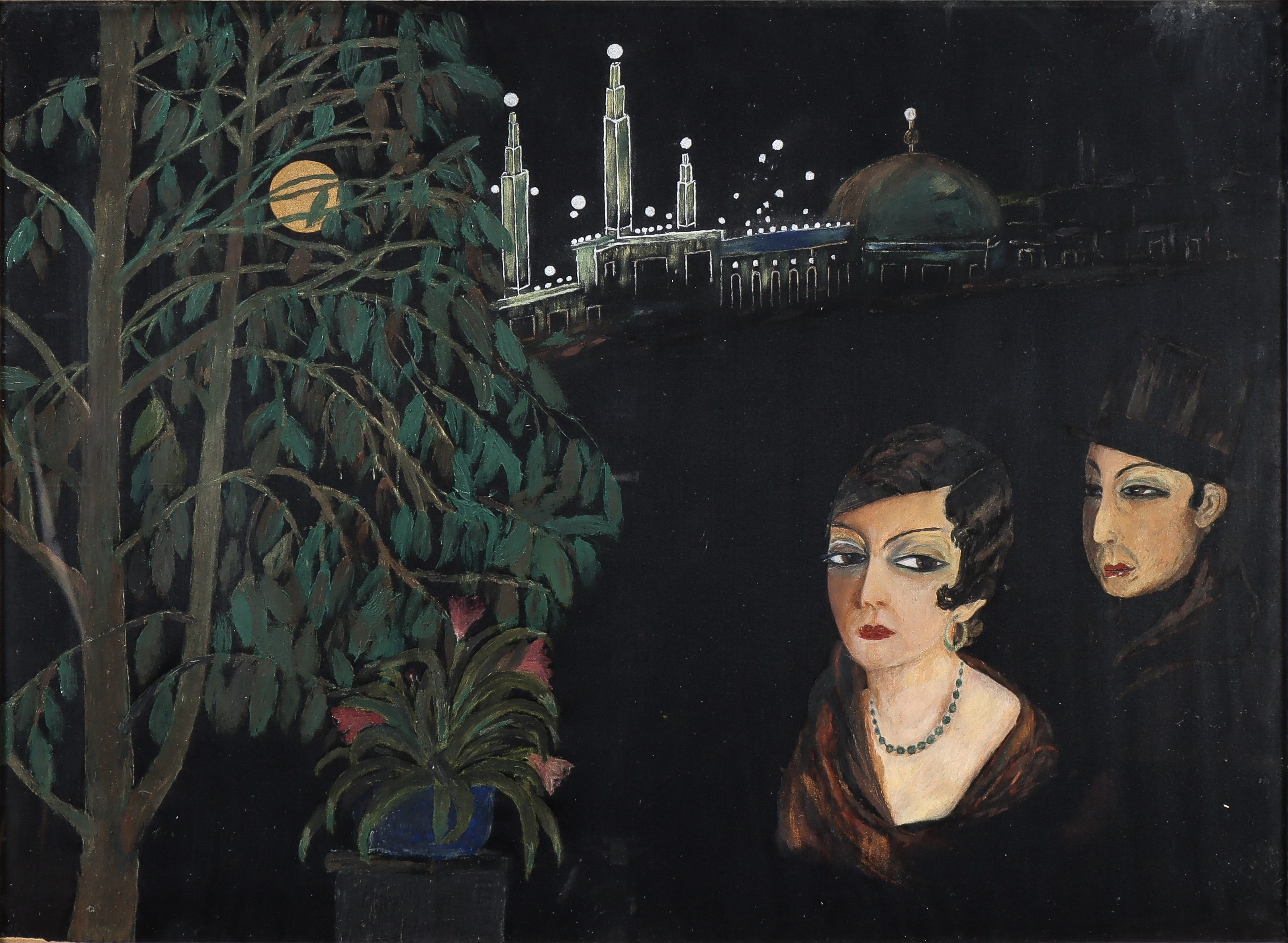 ALFRED R. PROESSDORF. TILLSKRIVEN. Kvällsvy mot Göteborgsutställningen 1923 - möjligen ett porträtt av Sigrid Hjertén & Isaac Grünewald.