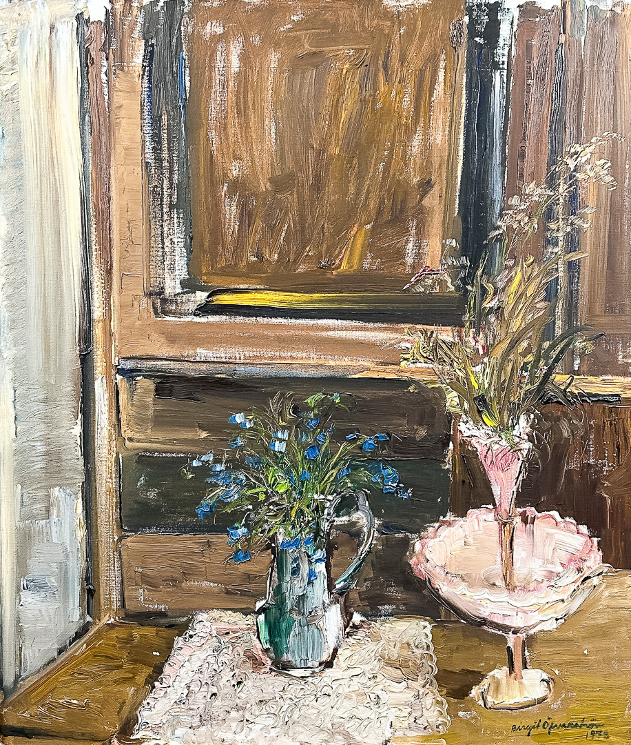 BIRGIT OFVERSTRÖM. OLJA PÅ DUK, "Blommor på skåp", signerad, daterad-1975.