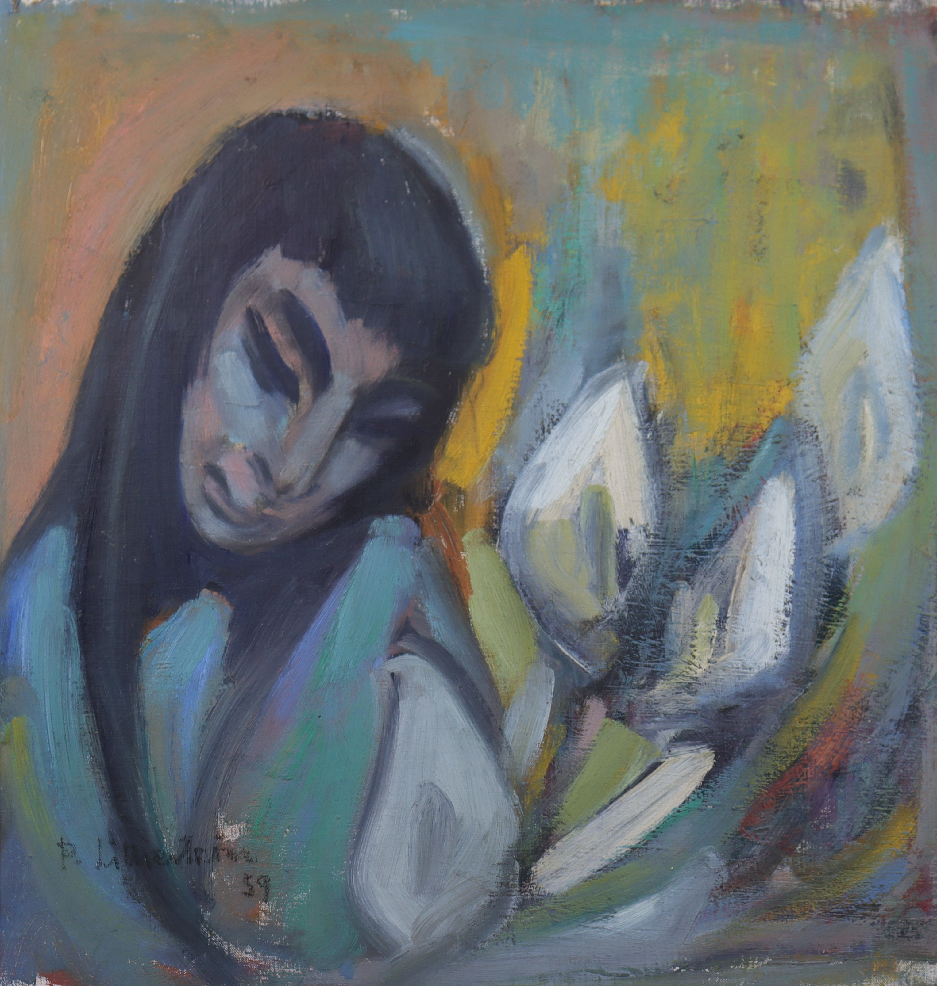 PER LILLIESTRÖM (1932-). olja på pannå, kvinna med blommor.