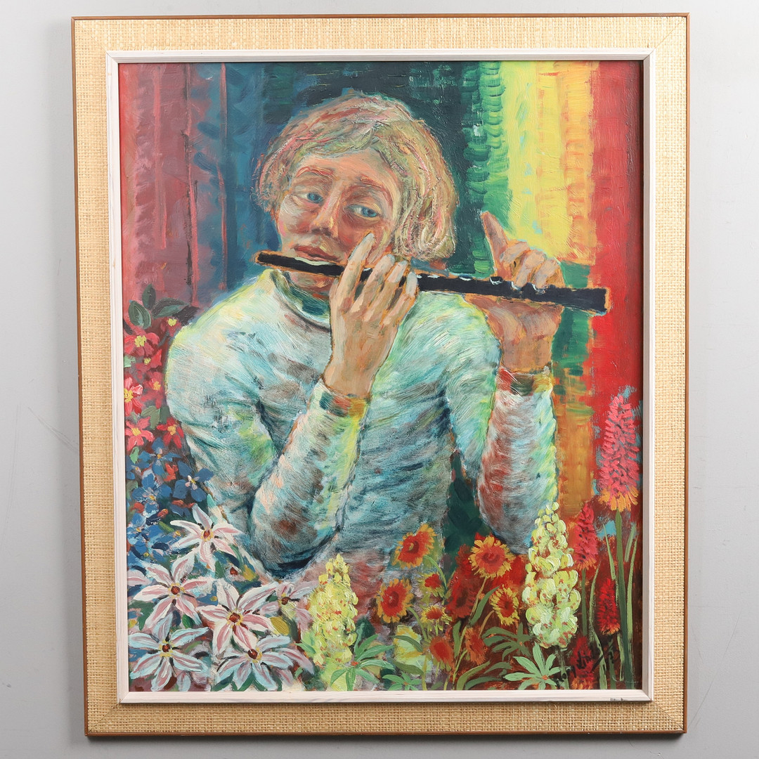 GEORG LINDSTRÖM. OLJA PÅ PANNÅ, "Flöjtblåsaren", 1973, signerad.