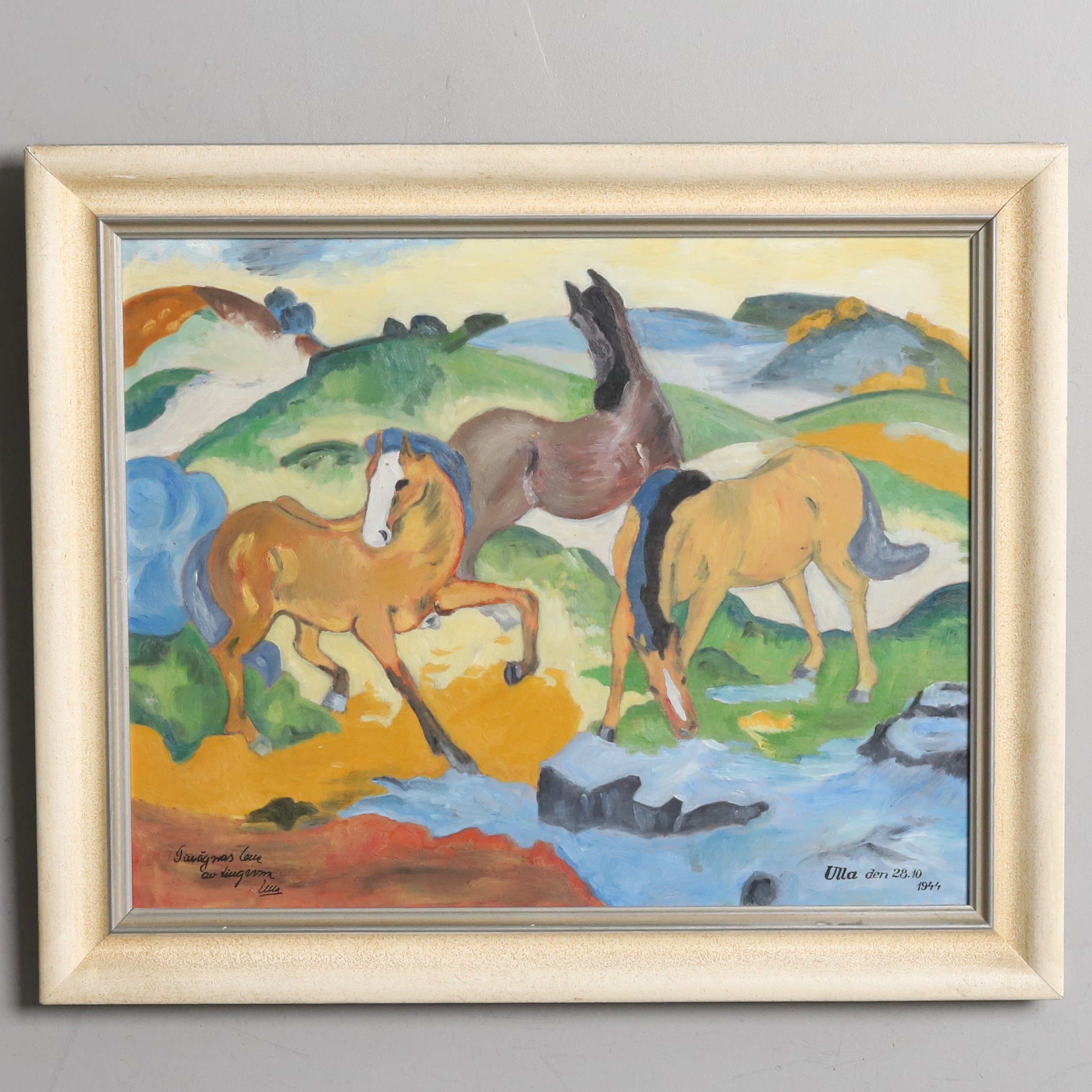 OIDENTIFIERAD KONSTNÄR. Olja på pannå. EFTER Franz Marcs The Red Horses, signerad och daterad Ulla 1944.