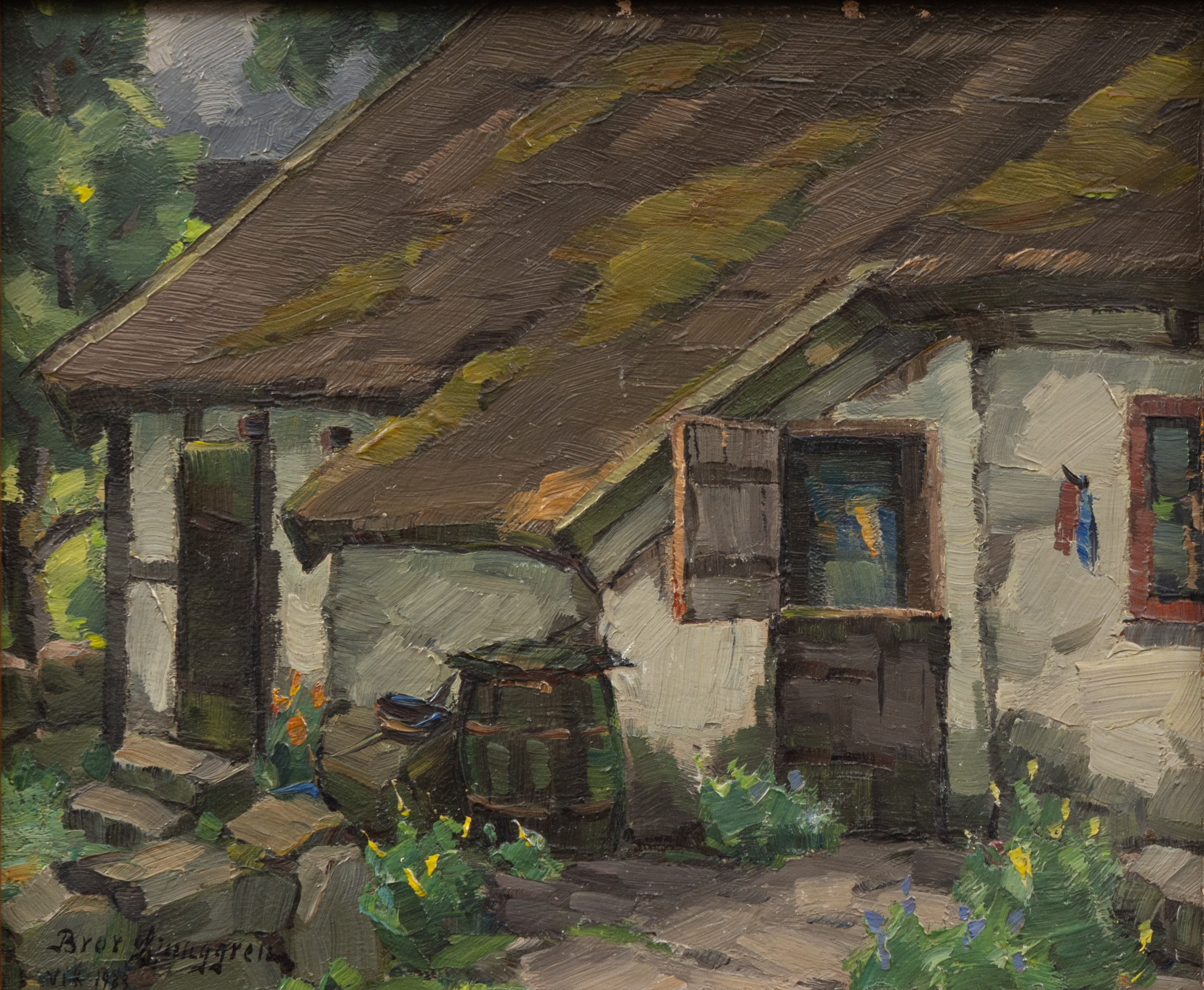 BROR LJUNGGREN  (1884-1939). Bakgård med öppen dörr, olja på pannå, signerad.