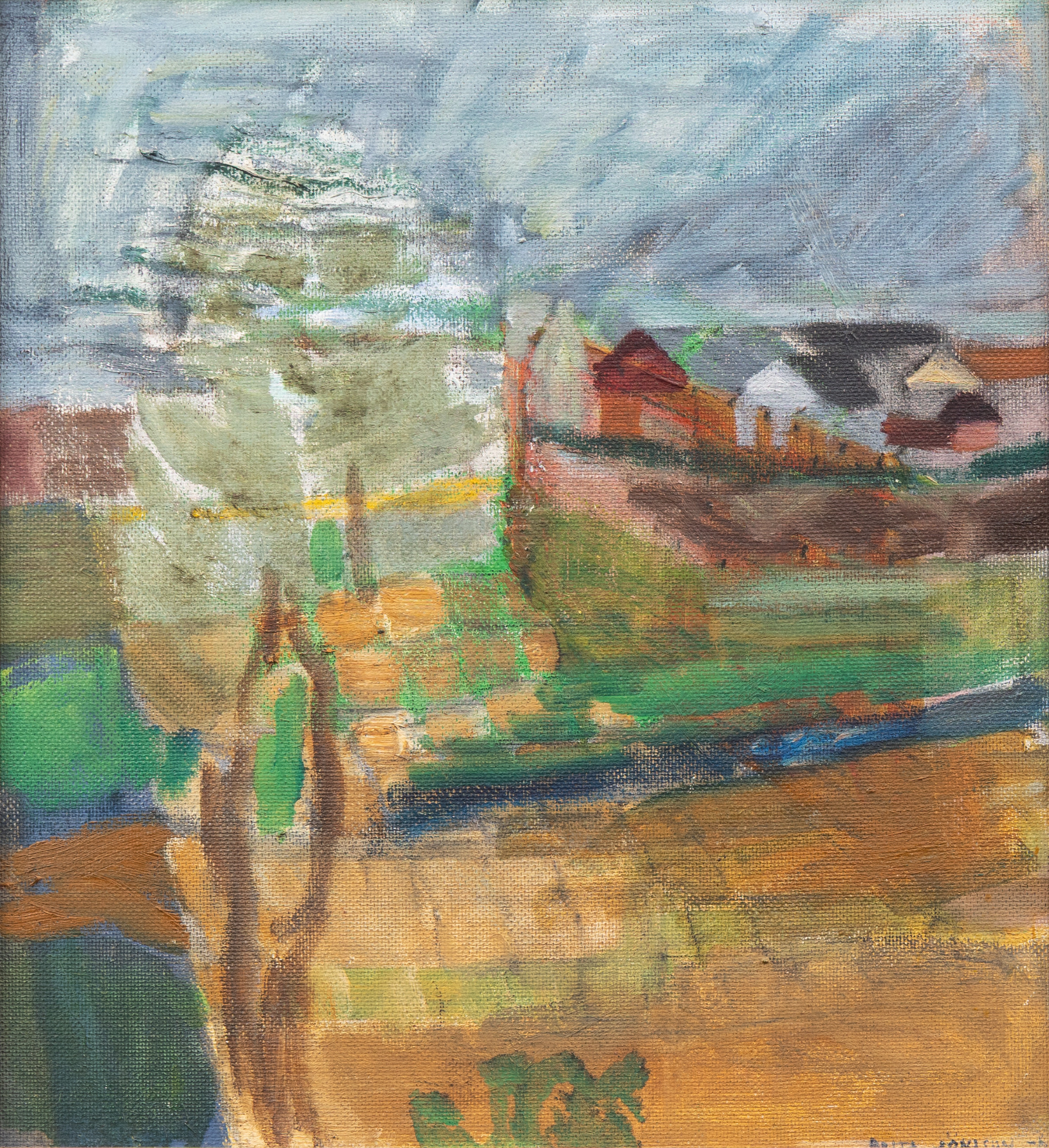 BRITA JÖNSSON (1922-2011). Hus i landskap, olja på pannå, signerad och daterad 69.