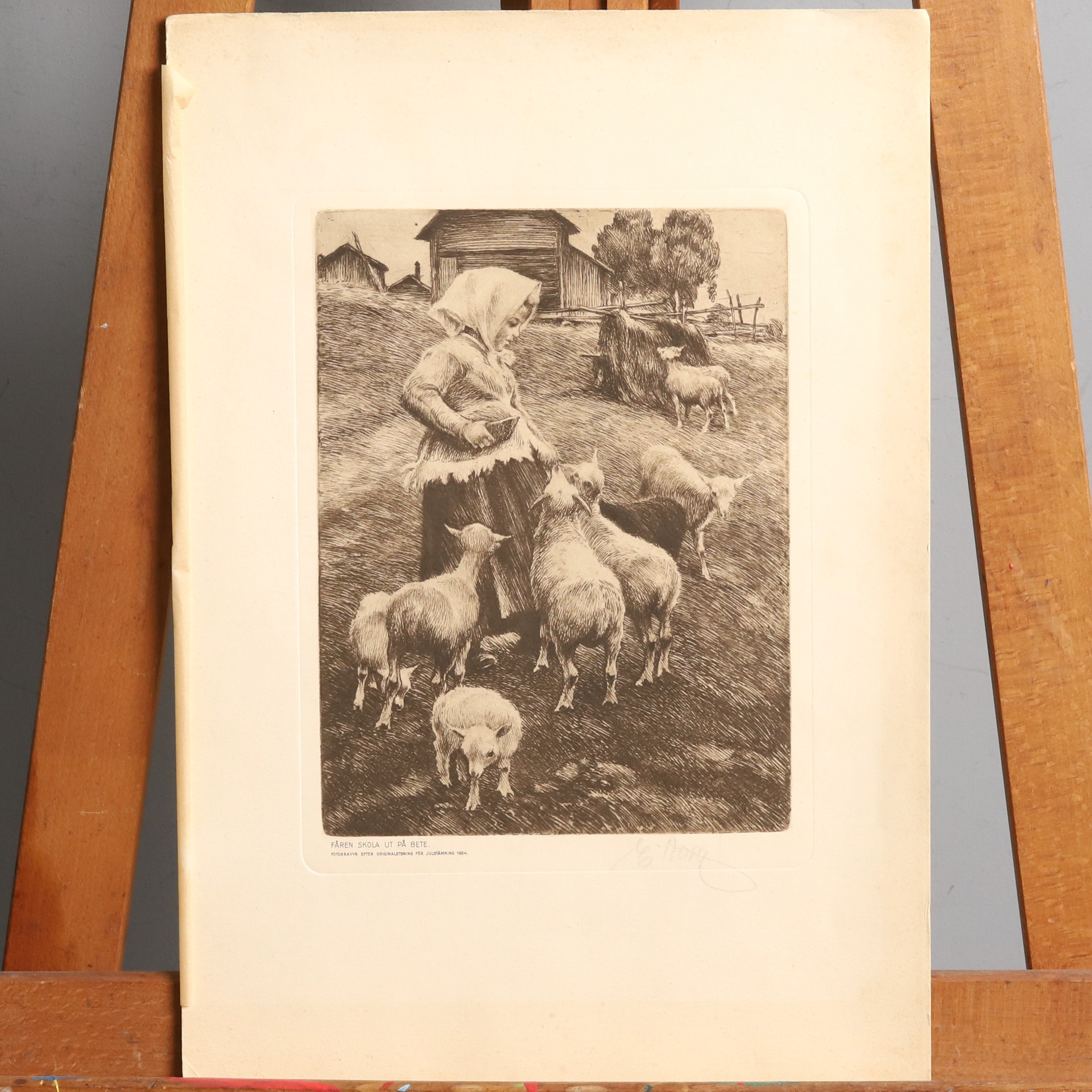 ERNST KÜSEL (1873-1942). "Fåren skola ut på bete", fotogravyr efter etsning, signerad.