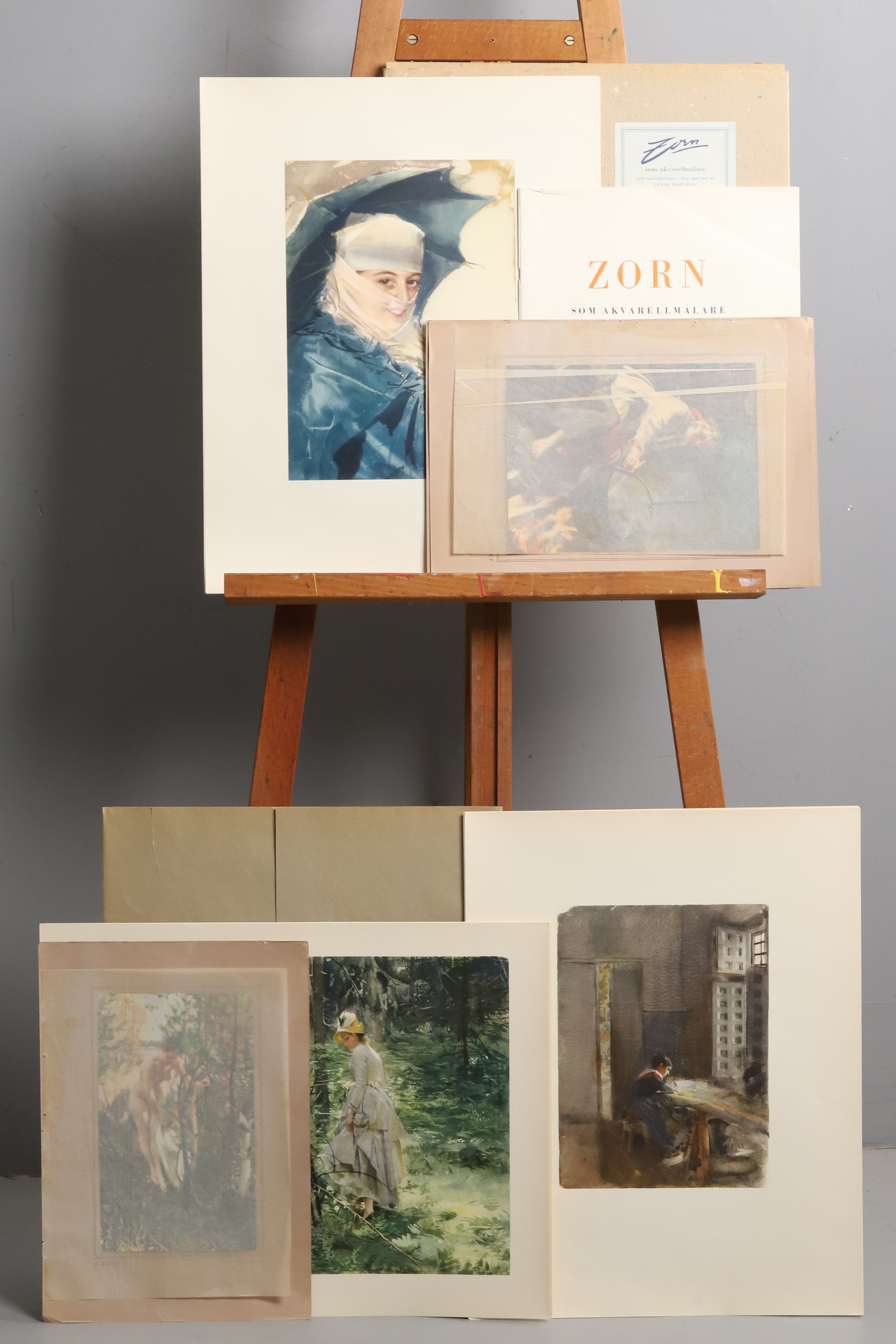 ANDERS ZORN. Mapp med 12-stycken reproduktioner (+6 st mindre) offsettryck. Text av Gerda Boëthius, Zorn som Akvarellmålare.