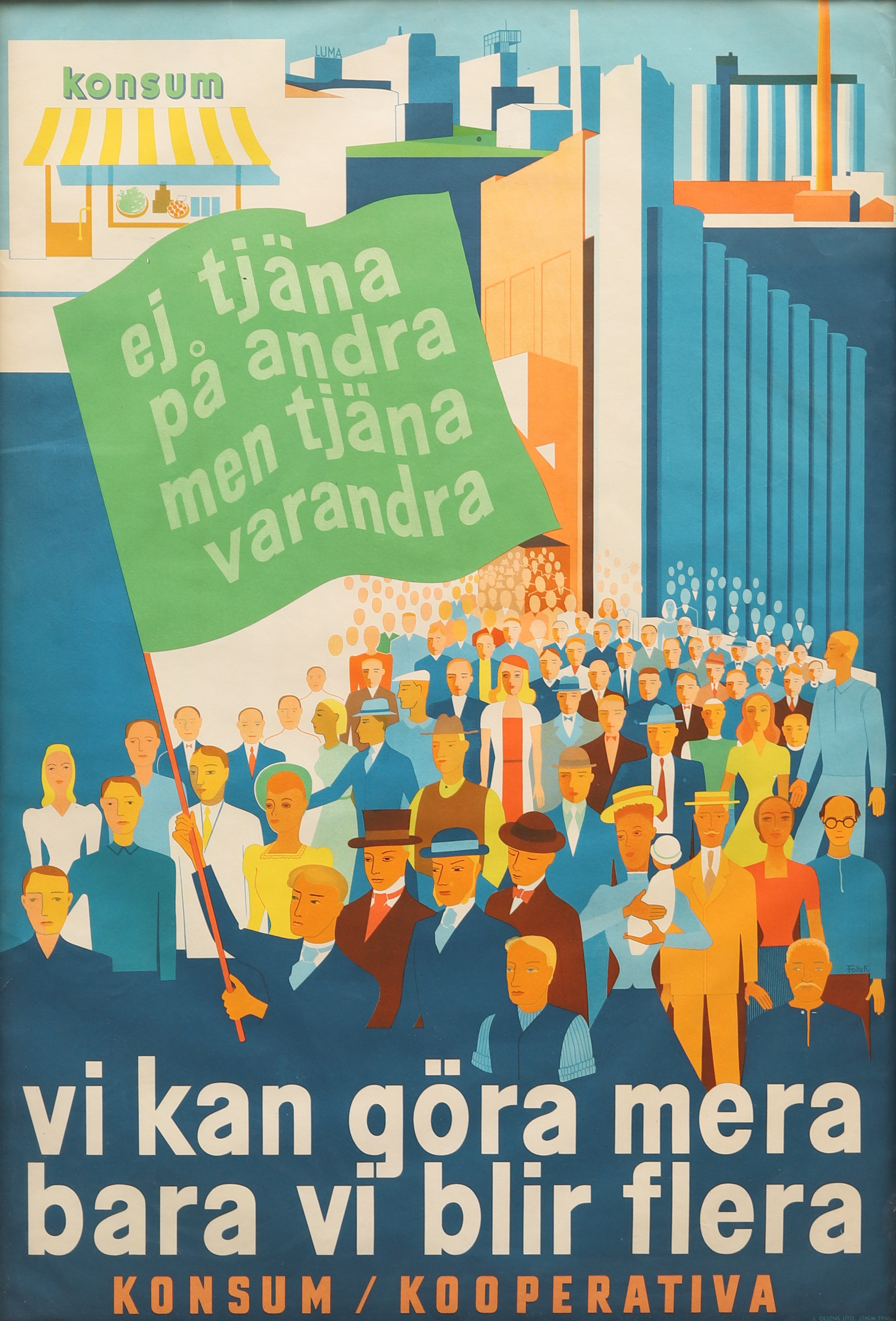 FOLKE K. AFFISCH, Konsum, litografisk affisch, J. Olséns Lito, Stockholm, 1946.