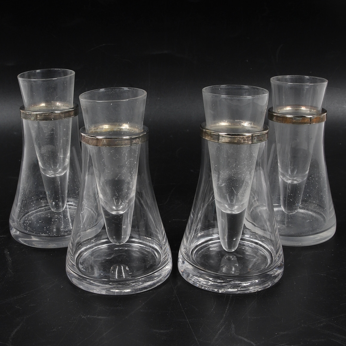 SHOTGLAS, 4 st, med kylare, glas & nysilver.