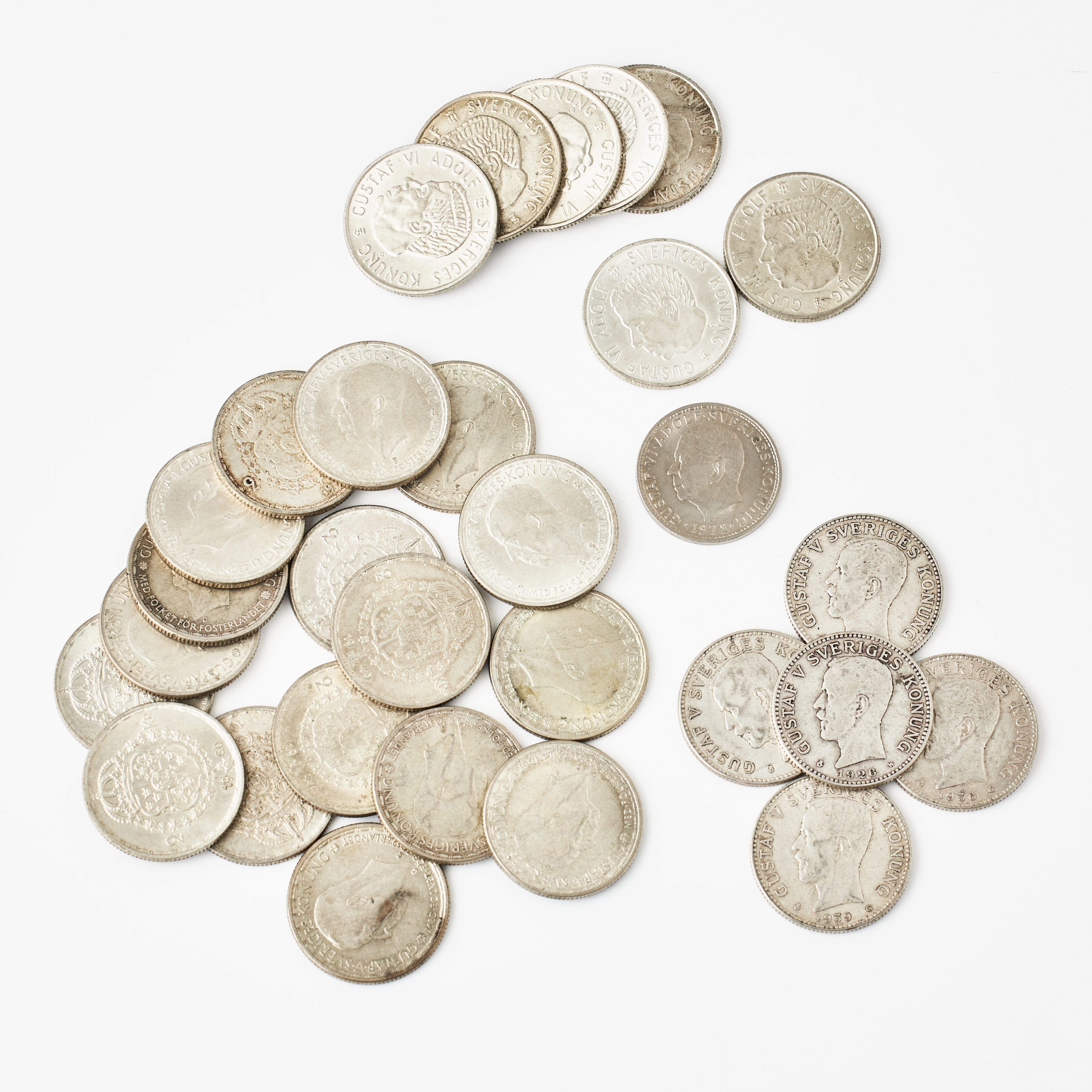 MYNT, 29 st., silver (40 resp. 80 %), Sverige 2 kr, Gustaf V resp. Gustaf VI Adolf.