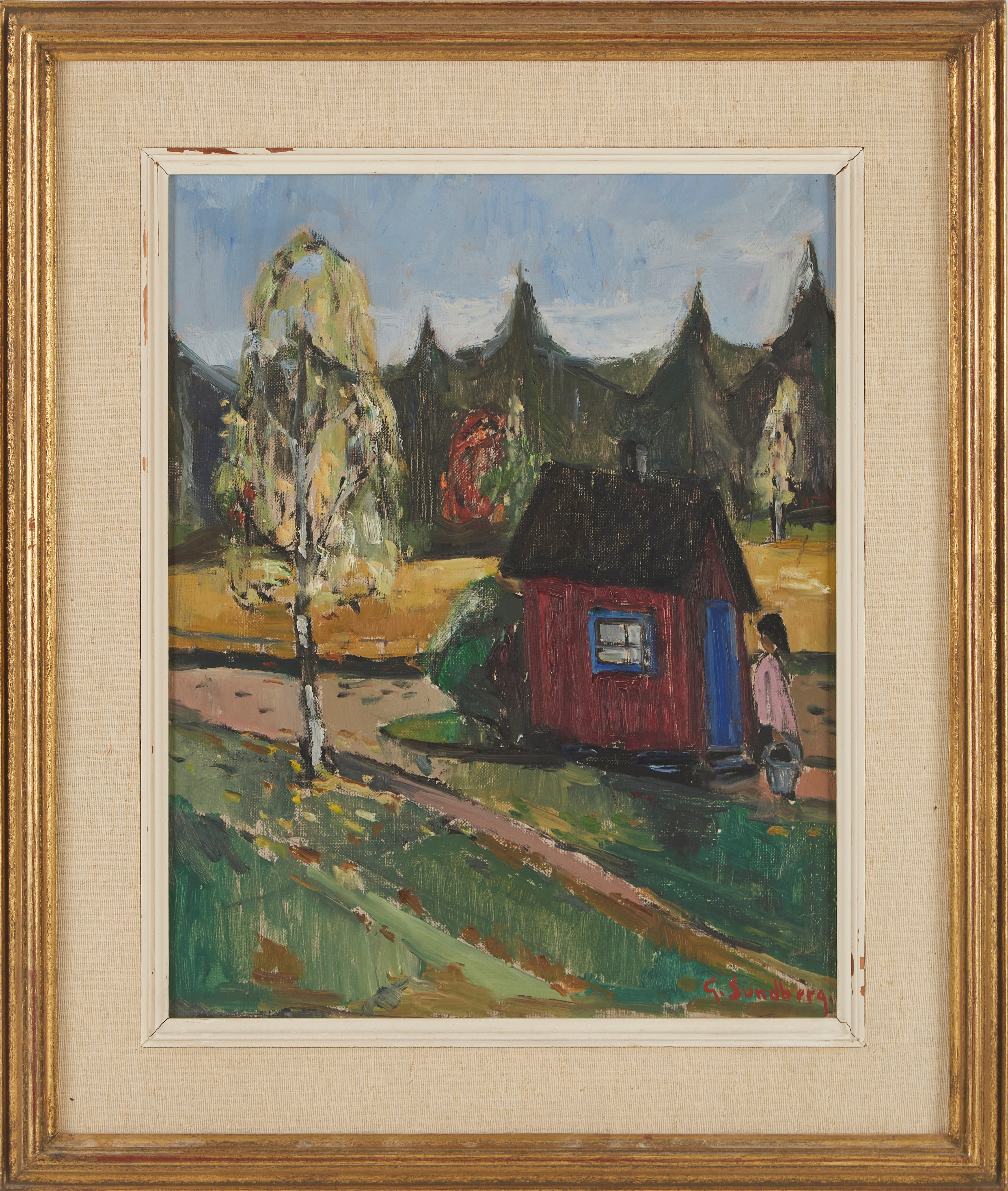 GUNNAR SUNDBERG. (1915-1963). Röd stuga, olja på duk, signerad G Sundberg.