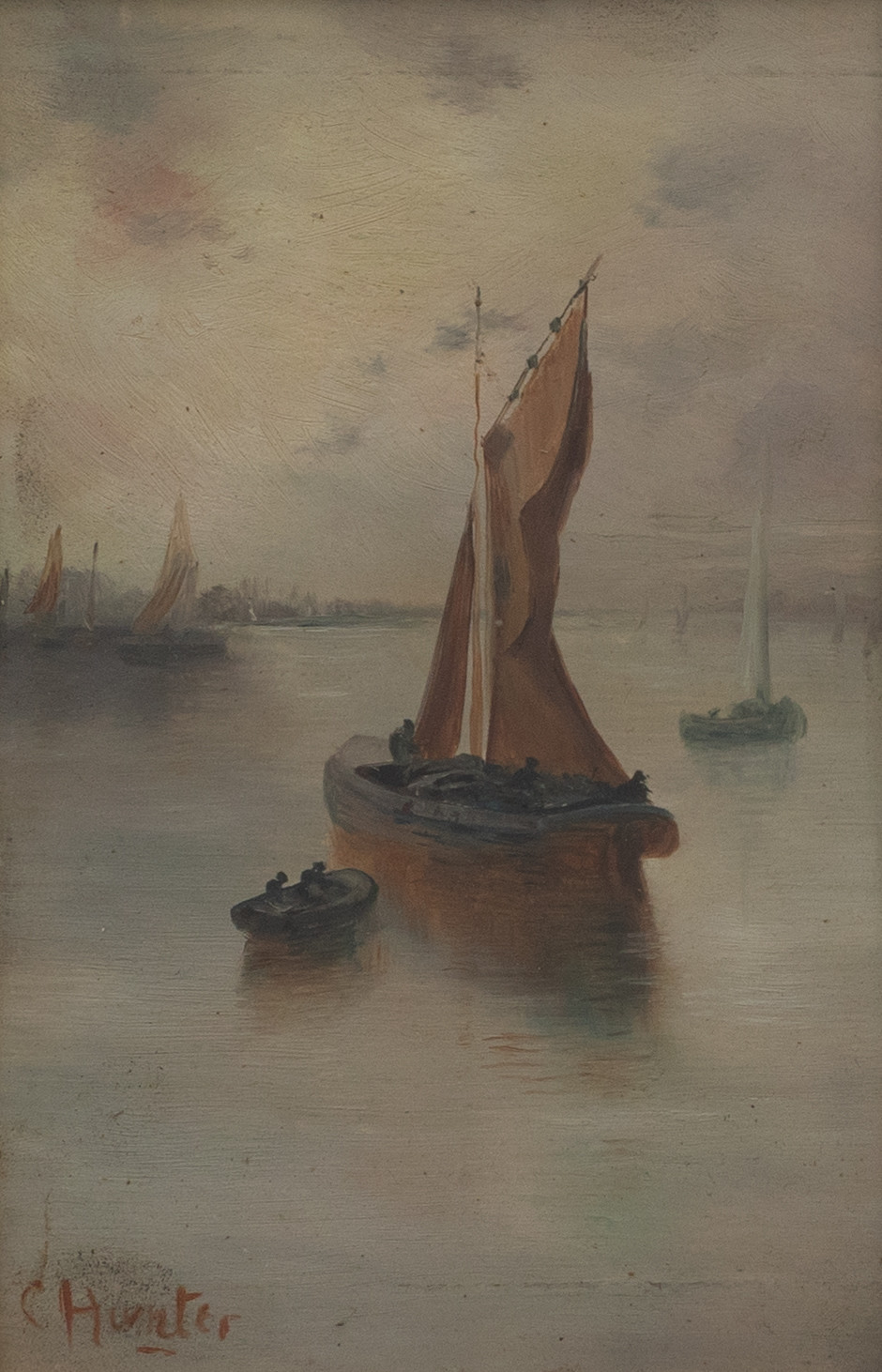 COLIN HUNTER (SKOTTLAND, 1841-1904). TILLSKRIVEN. Fiskebåtar, olja på pannå, signerad.