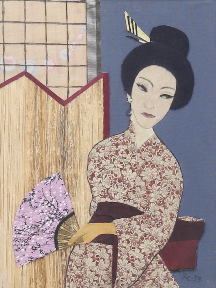 OIDENTIFIERAD KONSTNÄR. Geisha. Textiltavla, signerad RE, daterad -53.