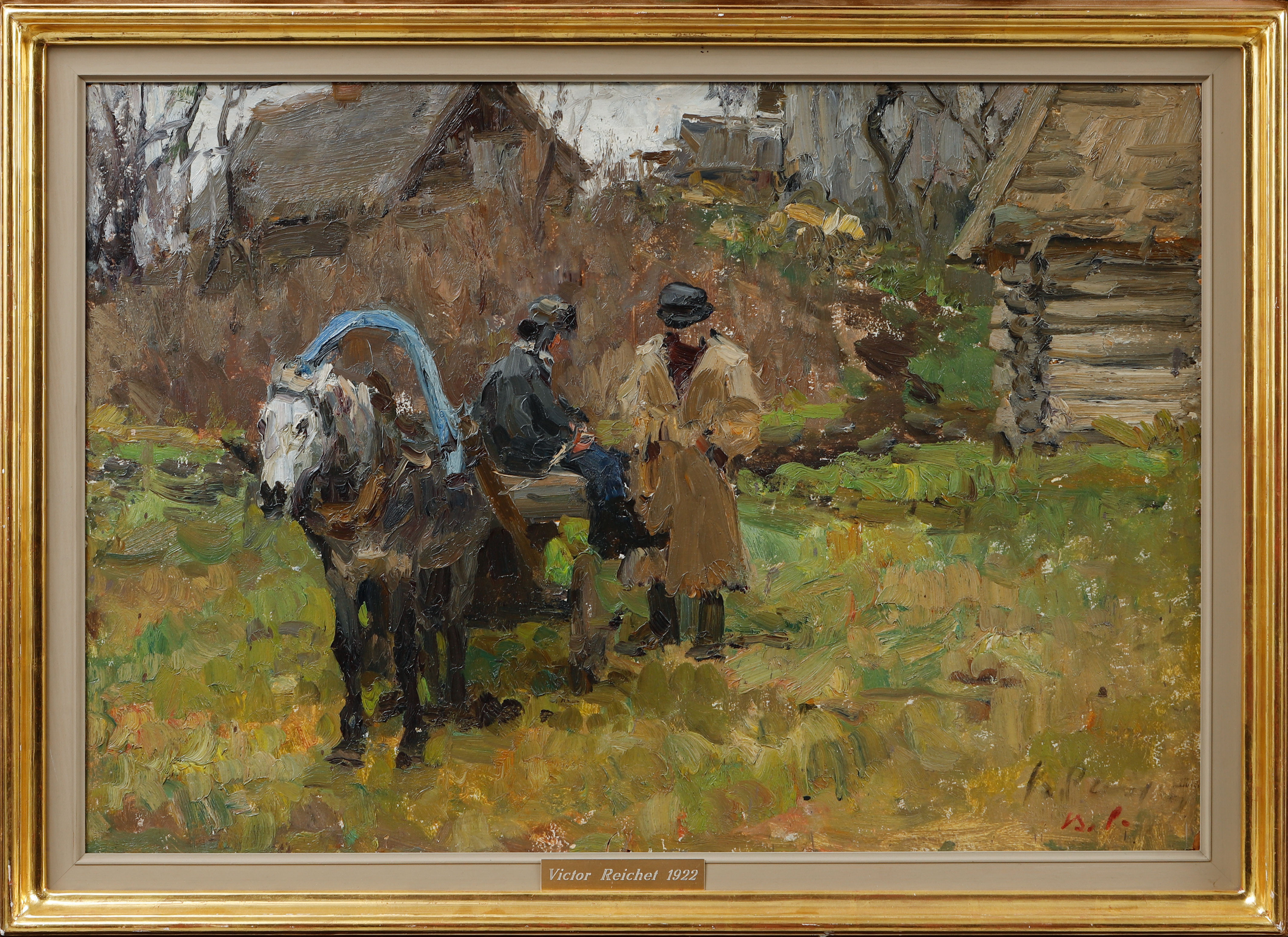 VICTOR REICHET. Figurer och häst, olja på pannå, signerad.