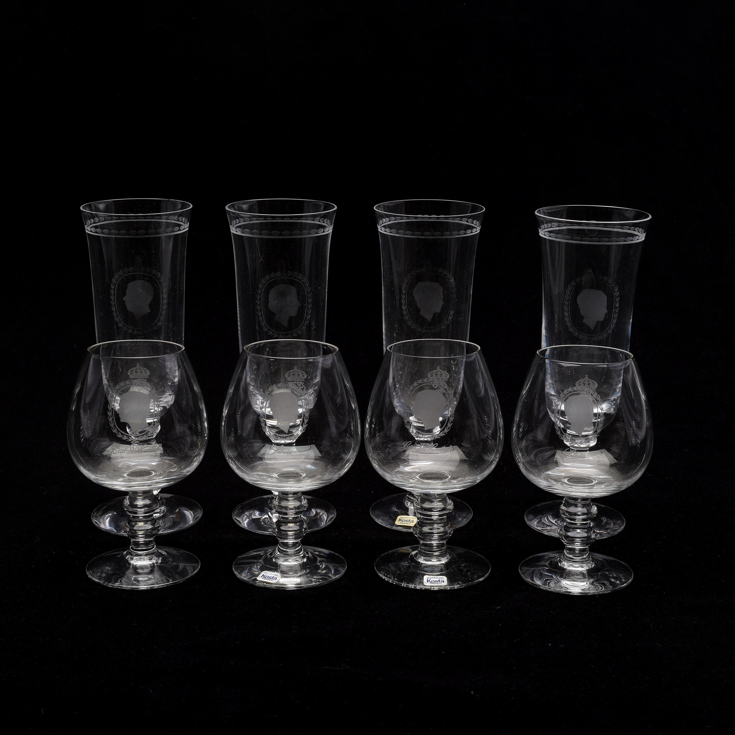 FRITZ KALLENBERG. CHAMPAGNEGLAS & COGNASKUPOR, 8 DELAR, KOSTA.