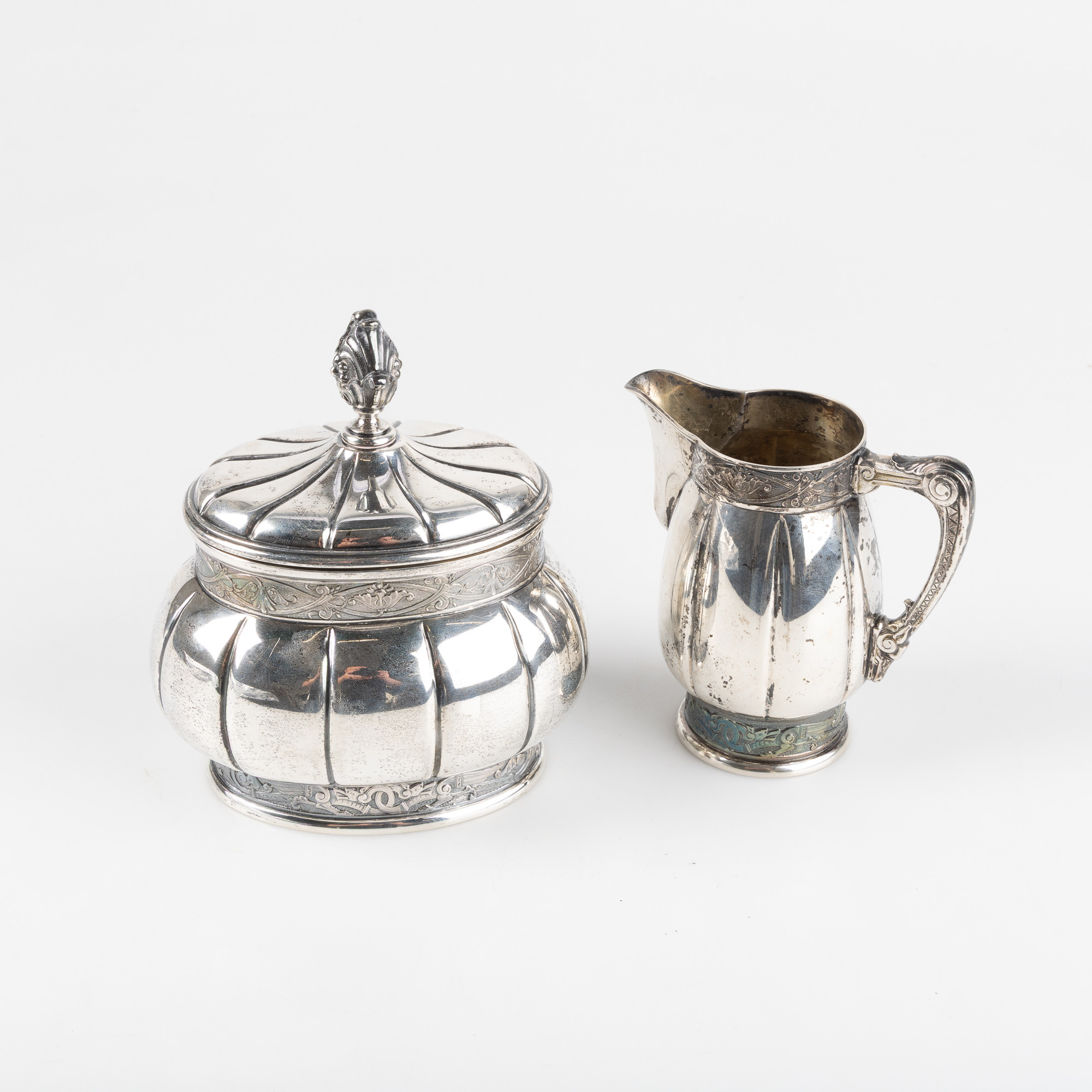 SOCKERSKÅL & GRÄDDKANNA, silver, fornnordisk stil, Tyskland.