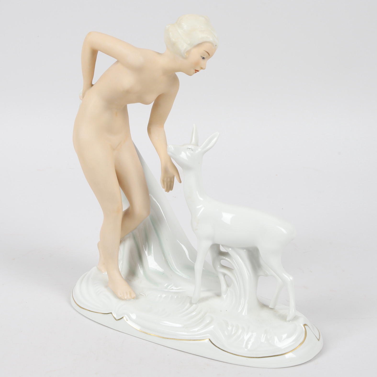 FIGURIN, porslin, Kvinna med rådjur, Schaubachkunst, Tyskland.
