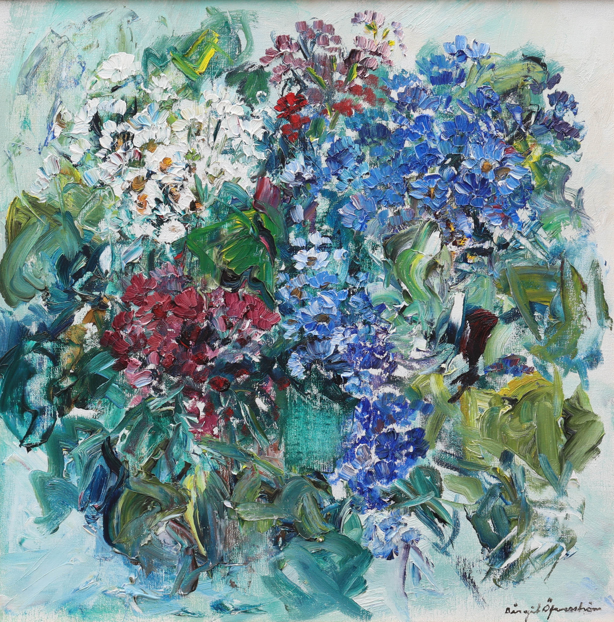 BIRGIT ÖFVERSTRÖM. olja på duk, blomsterstilleben, signerad.