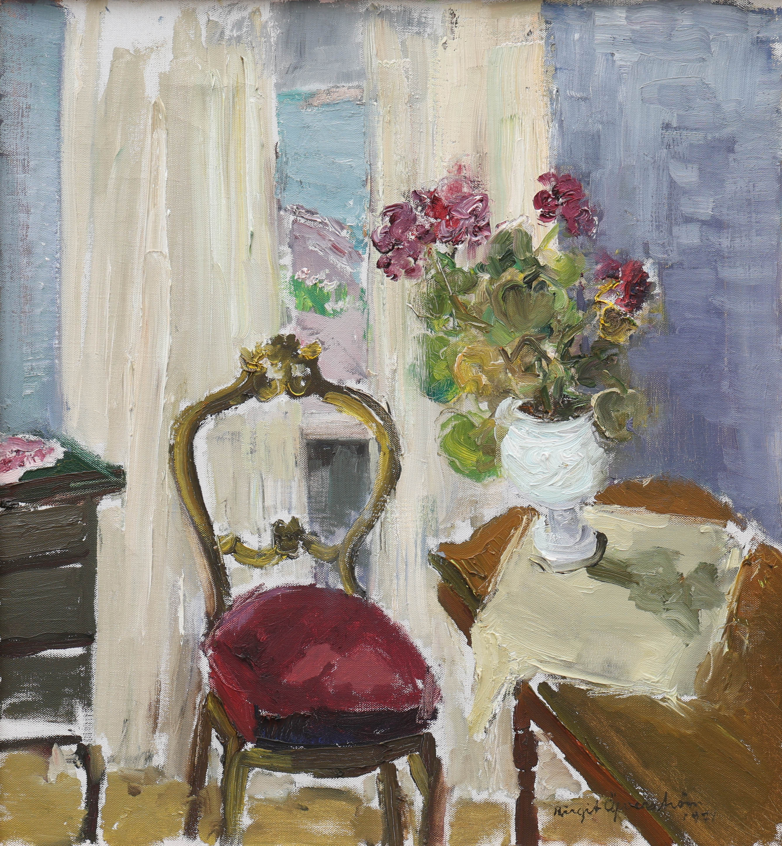 BIRGIT ÖFVERSTRÖM. olja på duk, "Interiör från Gunnel", signerad, daterad 1971.