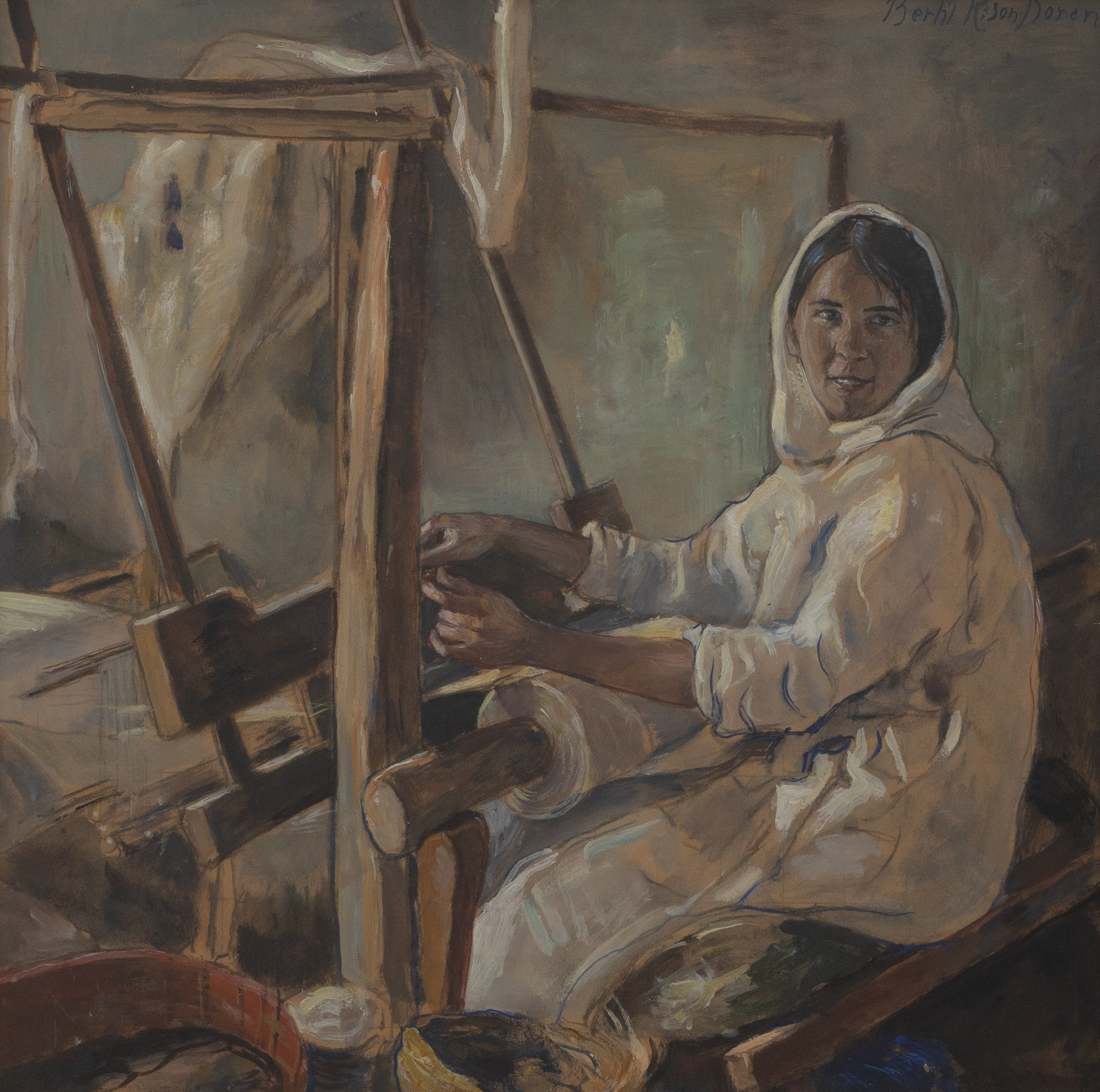 BERTIL  NORÉN. Kvinna vid vävstol, gouache, signerad.